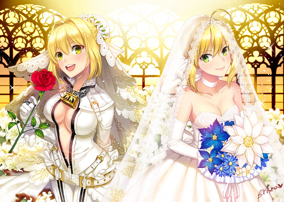 Anime 1126x800 Fate/Extra Saber Bride Fate series wedding dress bodysuit cleavage Nero Claudius anime girls anime boobs rose flowers blonde green eyes brides two women Fate/Extra CCC