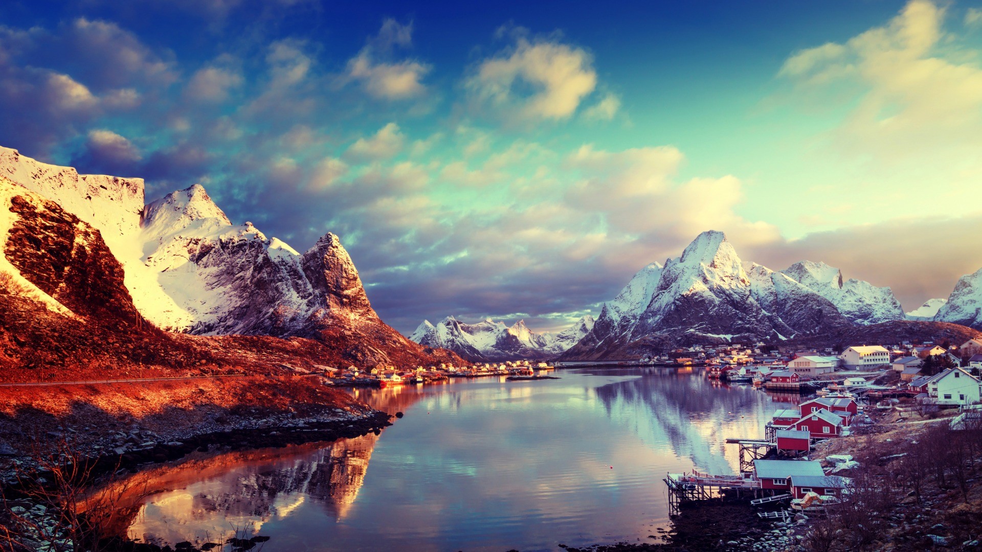 General 1920x1080 nature landscape clouds mountains lake Lofoten Norway snowy peak house village water reflection winter trees long exposure river snow sun rays fall stones