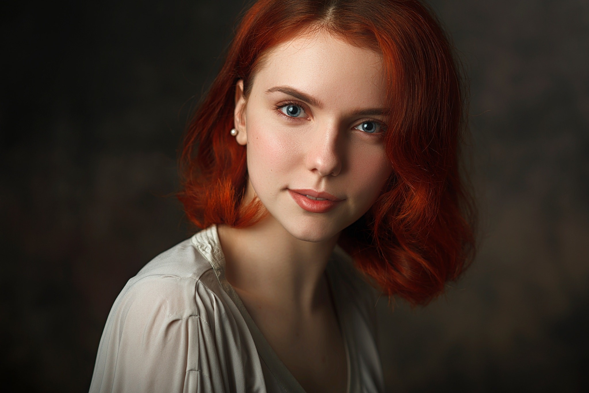 People 2048x1367 women face smiling redhead blue eyes portrait depth of field simple background no bra Pavel Cherepko