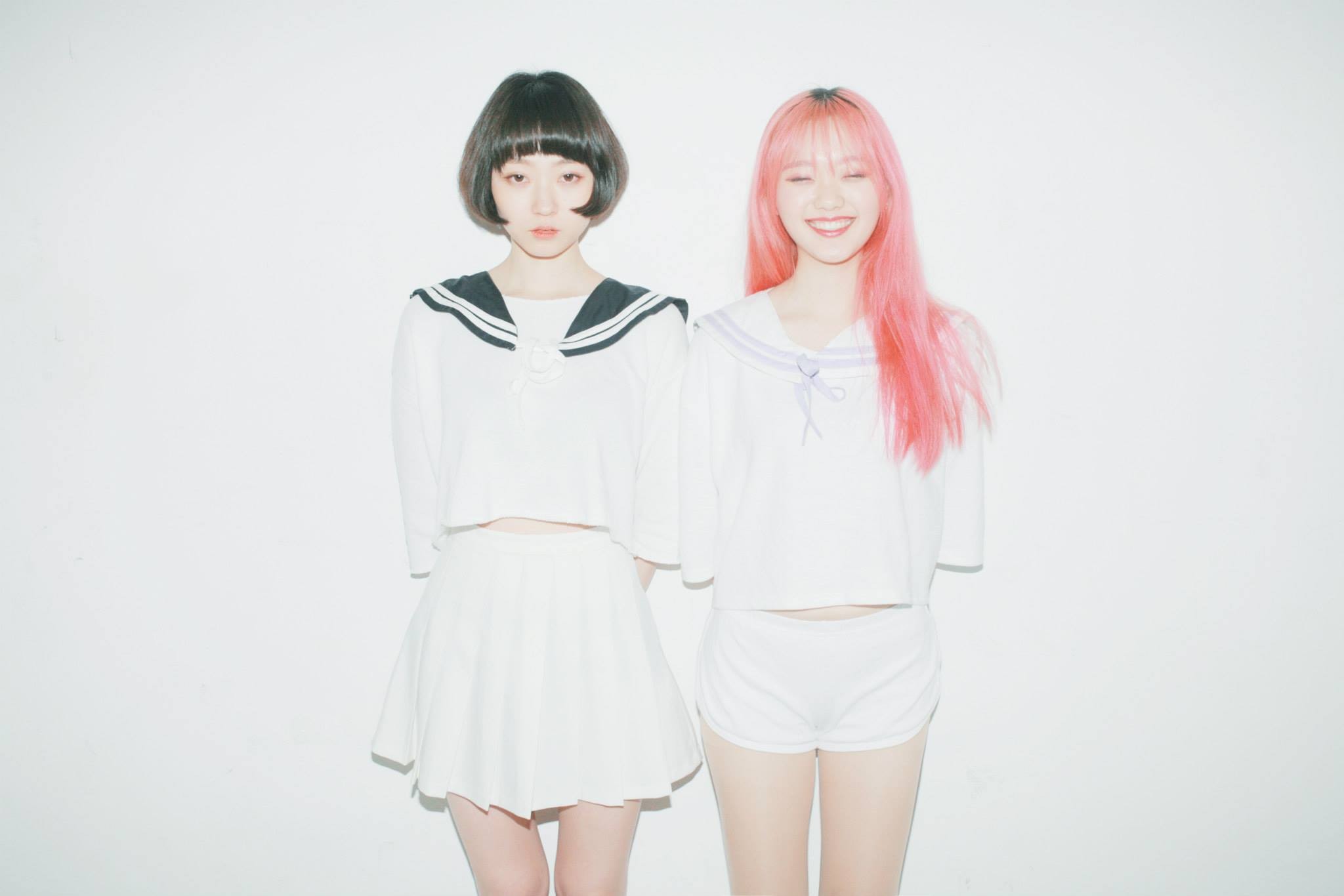 People 2048x1366 Rotta women Asian smiling black hair pink hair women indoors indoors standing white background Korean women school uniform