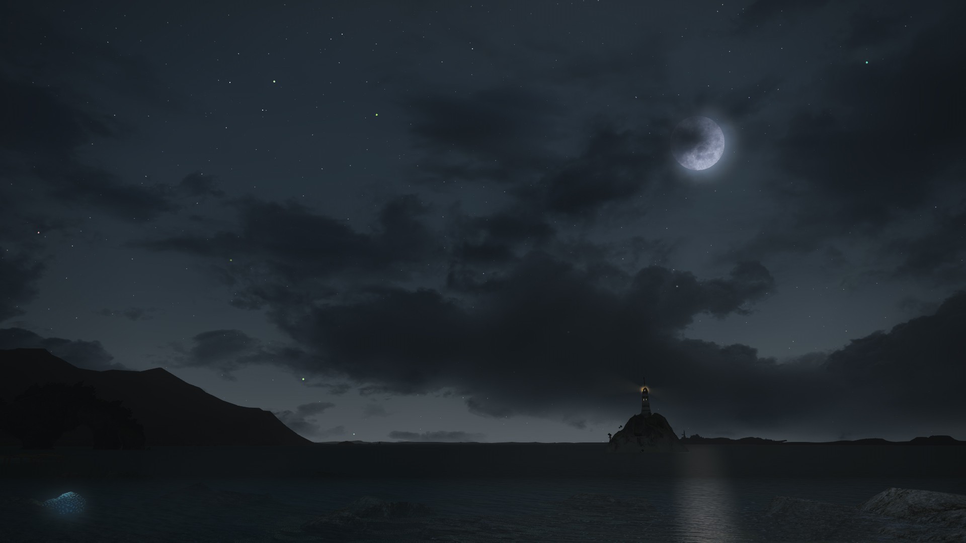 General 1920x1080 digital art minimalism landscape lighthouse night Moon clouds sea cliff rocks stars reflection
