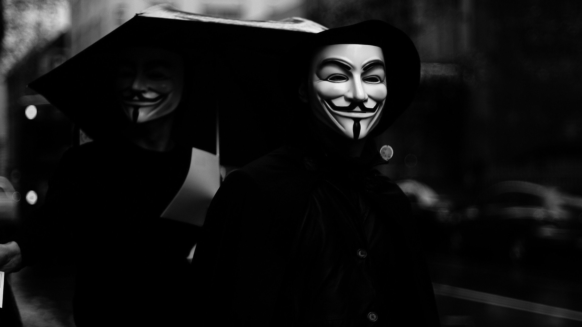 General 2400x1350 hacking Anonymous (hacker group) V for Vendetta mask Guy Fawkes mask dark monochrome umbrella