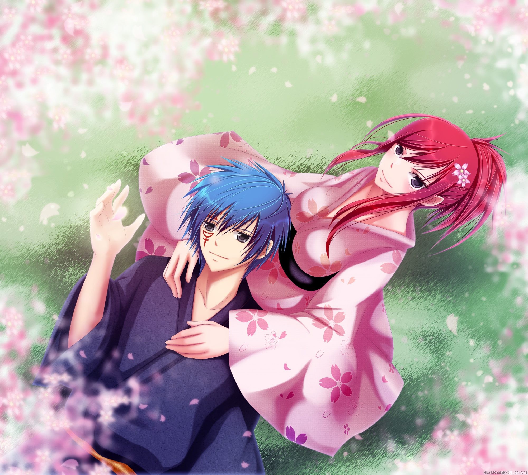 redhead, blue hair, anime, Fairy Tail, anime girls, anime boys, kimono |  2000x1800 Wallpaper 