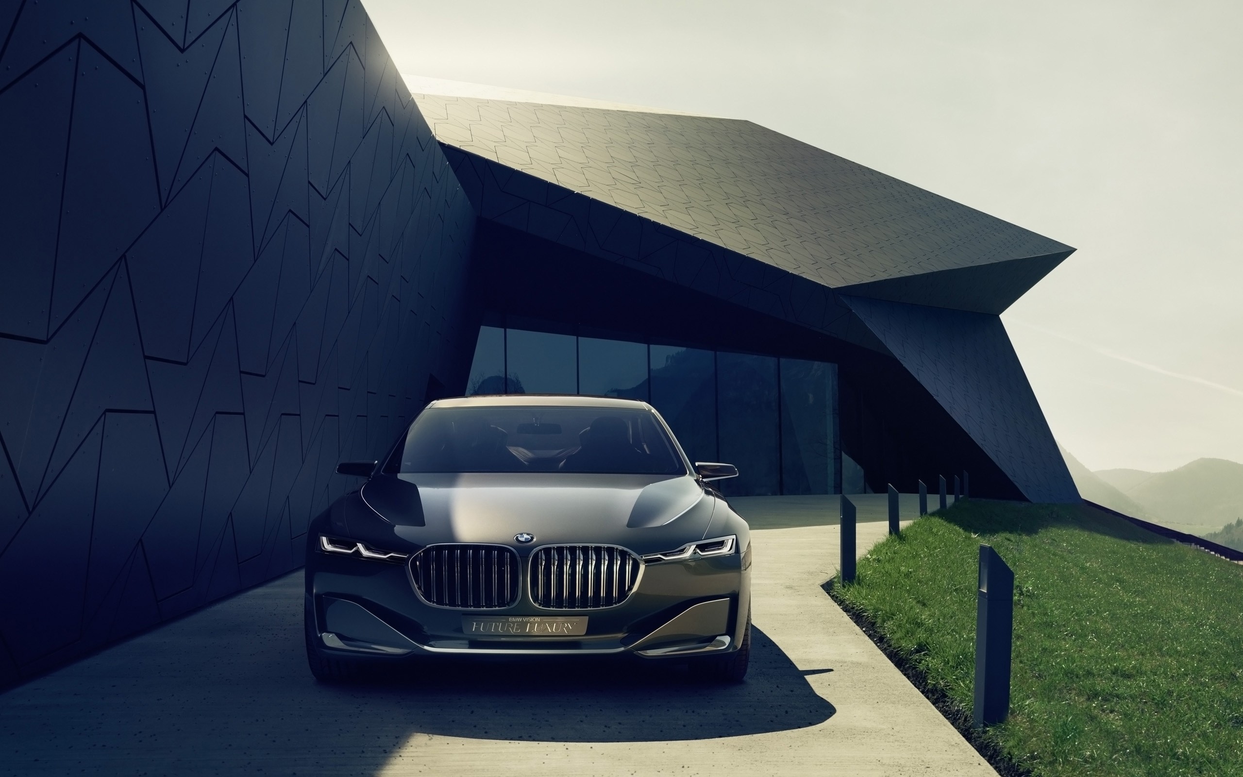 General 2560x1600 nature landscape modern architecture car BMW grass glass house hills BMW Vision German cars sunlight frontal view headlights
