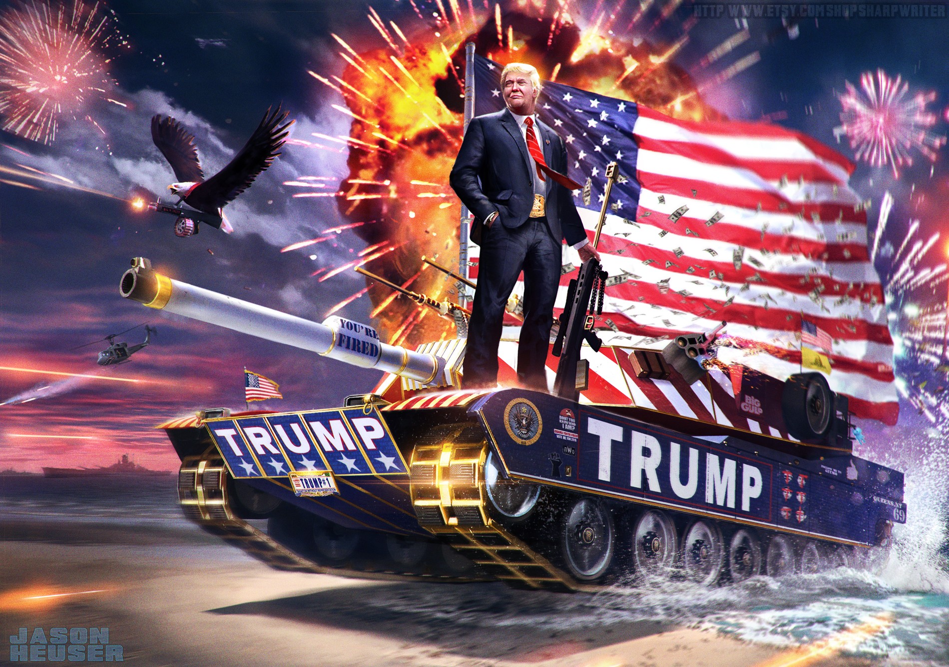 People 1900x1336 Donald Trump MAGA politics American flag USA fireworks military vehicle tank explosion humor presidents red tie U.S propaganda men