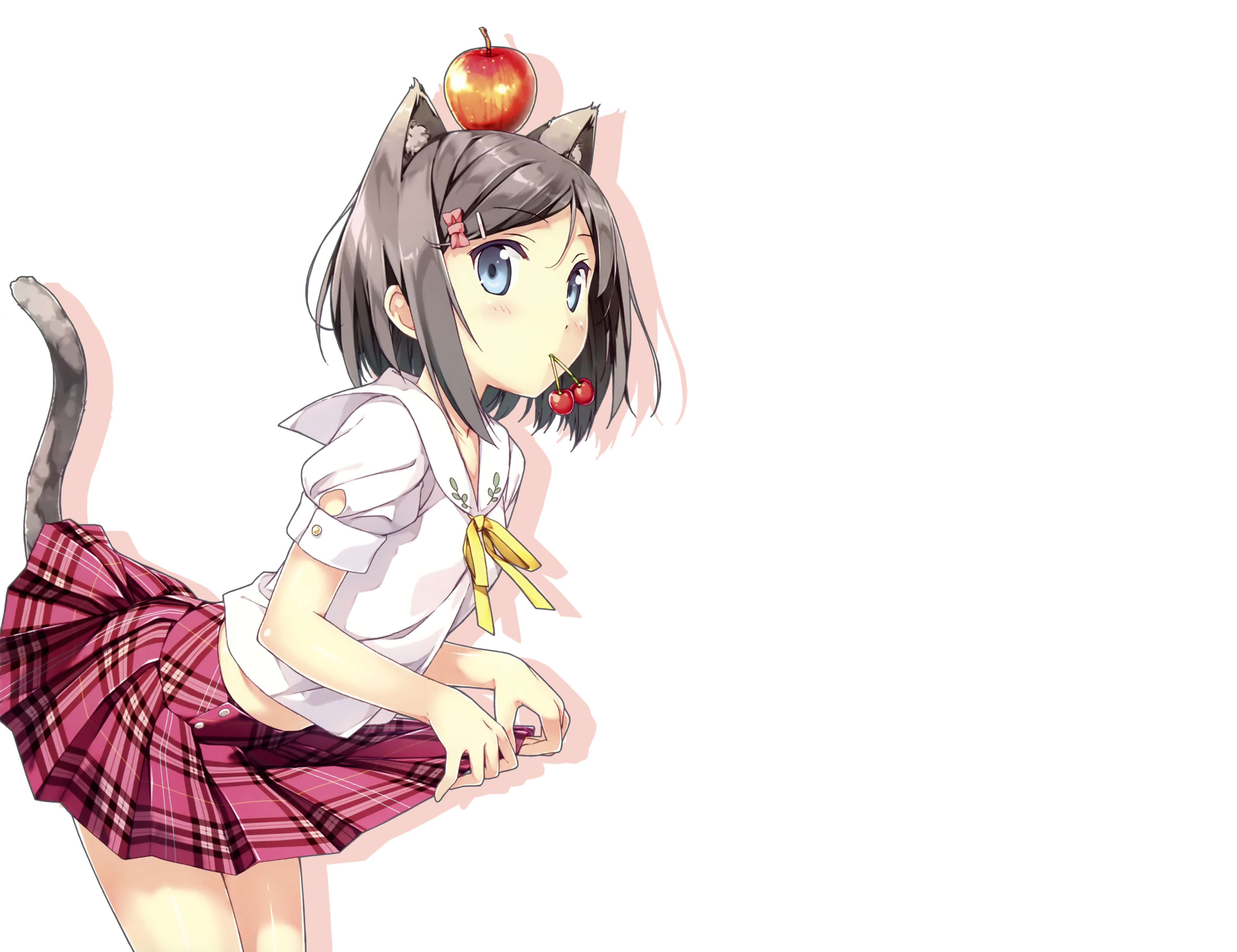 Anime 4290x3300 white background Hentai Ouji to Warawanai Neko short hair school uniform apples cat girl blue eyes