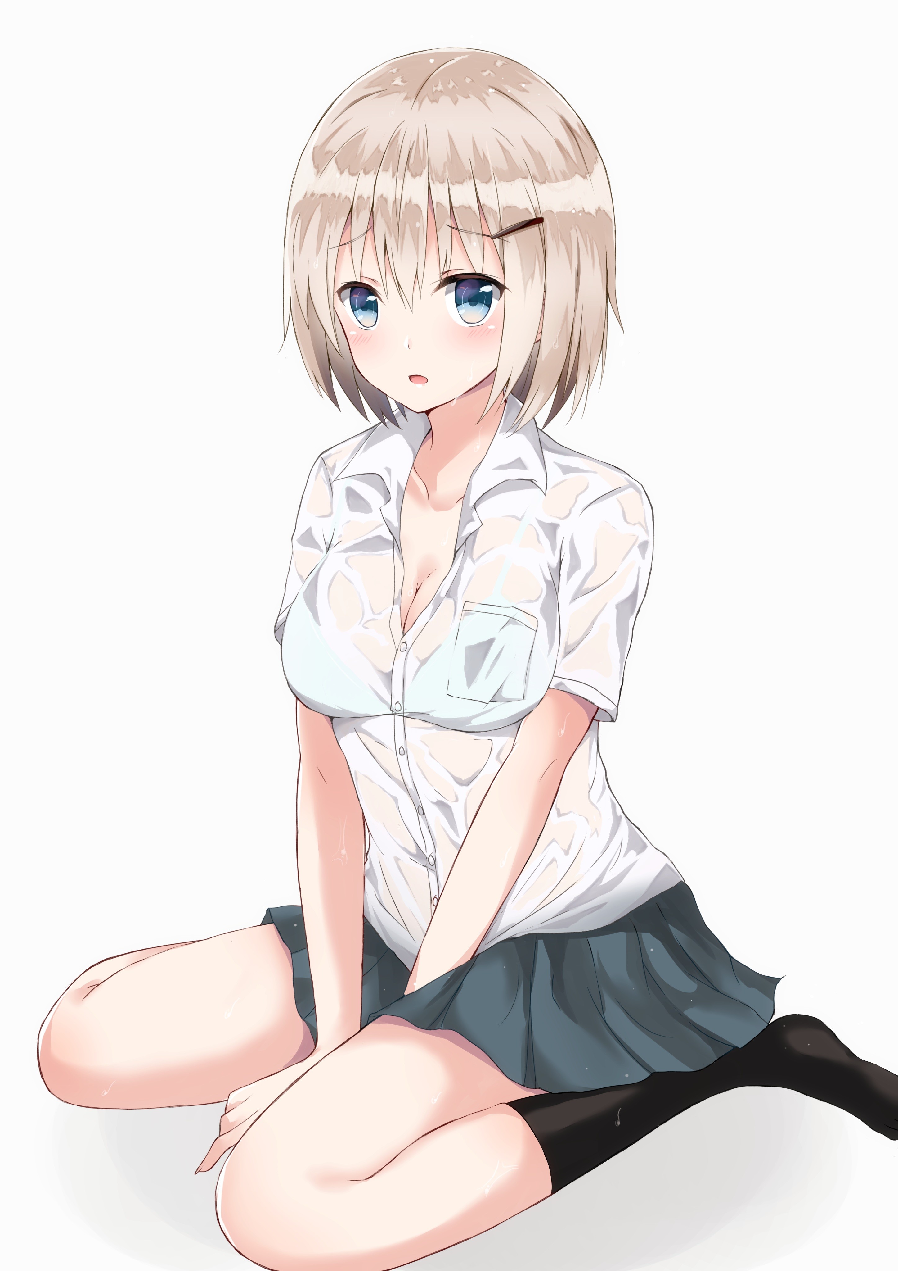 Anime 2894x4093 anime anime girls bra cleavage wet clothing blue eyes kneeling simple background blonde shoulder length hair skirt socks looking at viewer