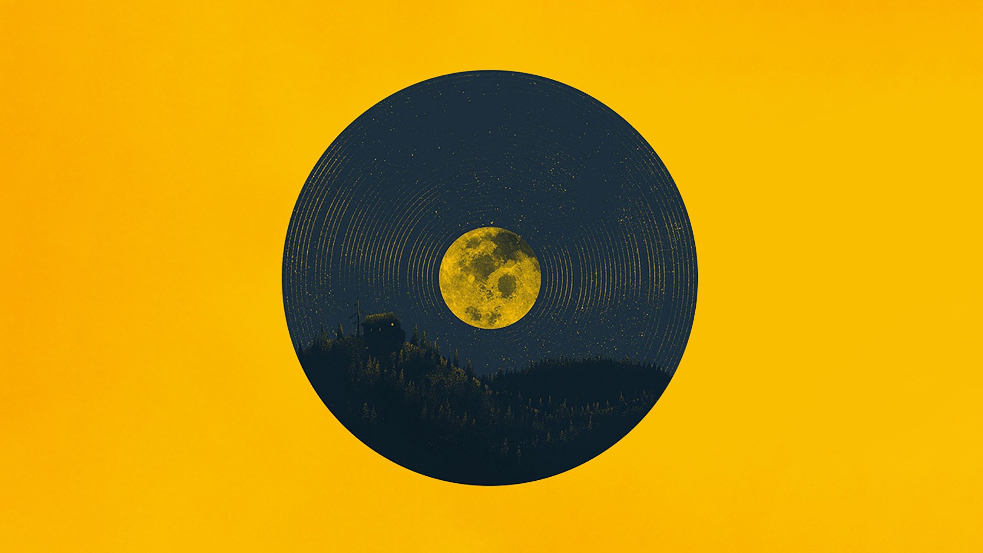 General 1920x1080 simple background stars Moon yellow background night hills cabin landscape full moon yellow vinyl artwork music