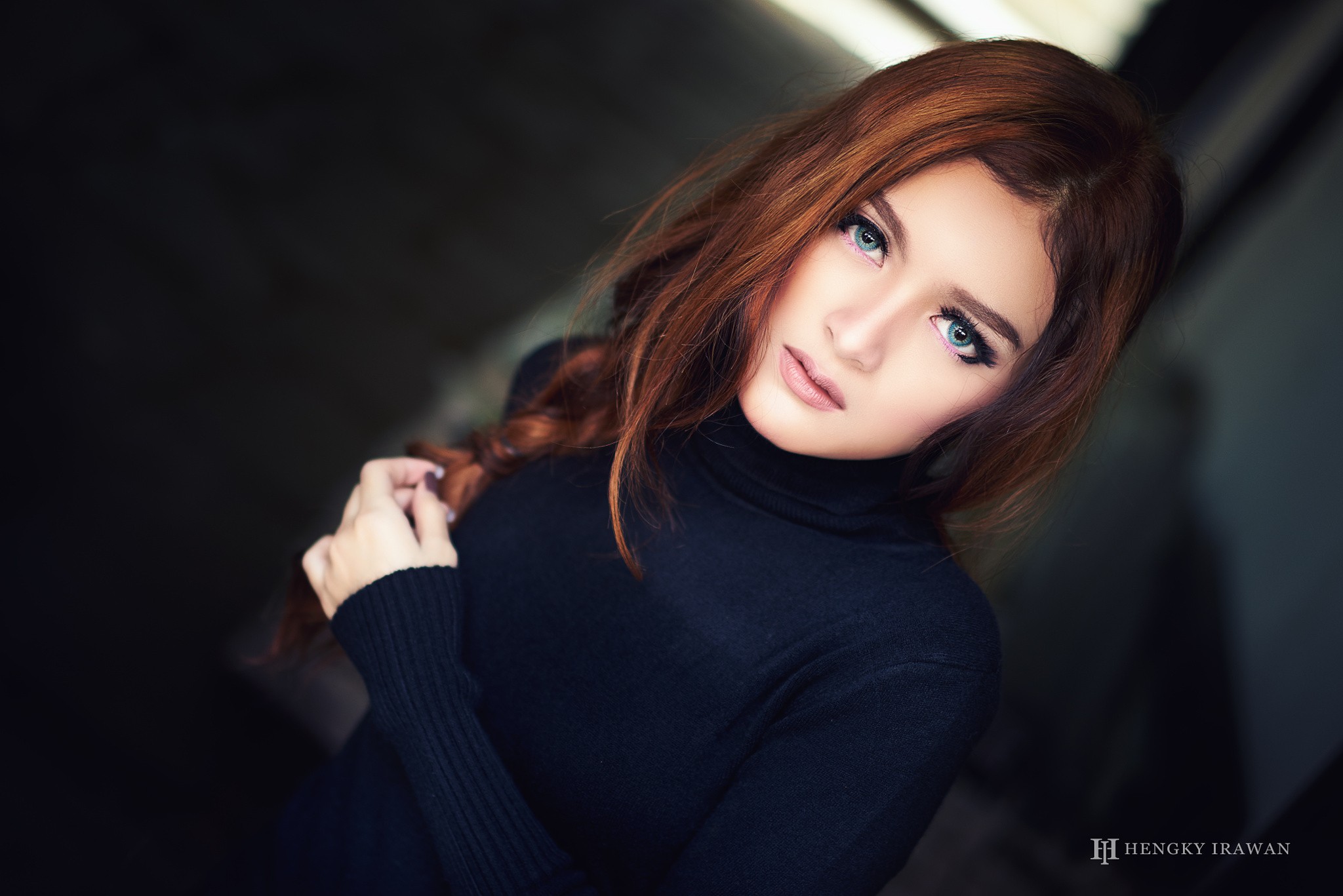 People 2048x1367 women redhead face portrait dyed hair watermarked looking at viewer black clothing closeup model