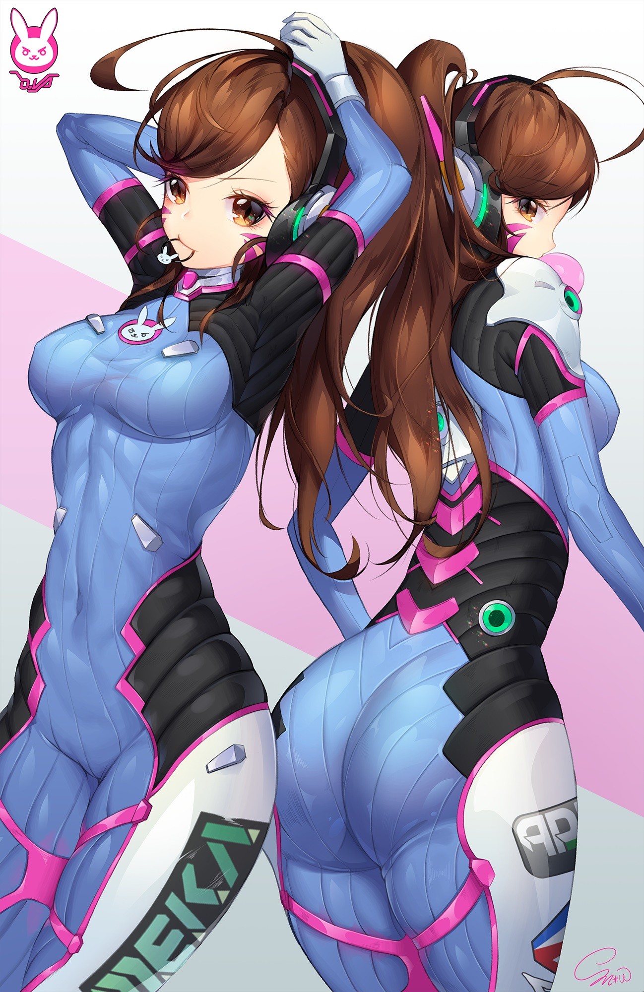 Anime 1298x2000 anime anime girls Overwatch D.Va (Overwatch) ass bodysuit long hair headphones video game girls video game characters boobs arms up Pixiv PC gaming