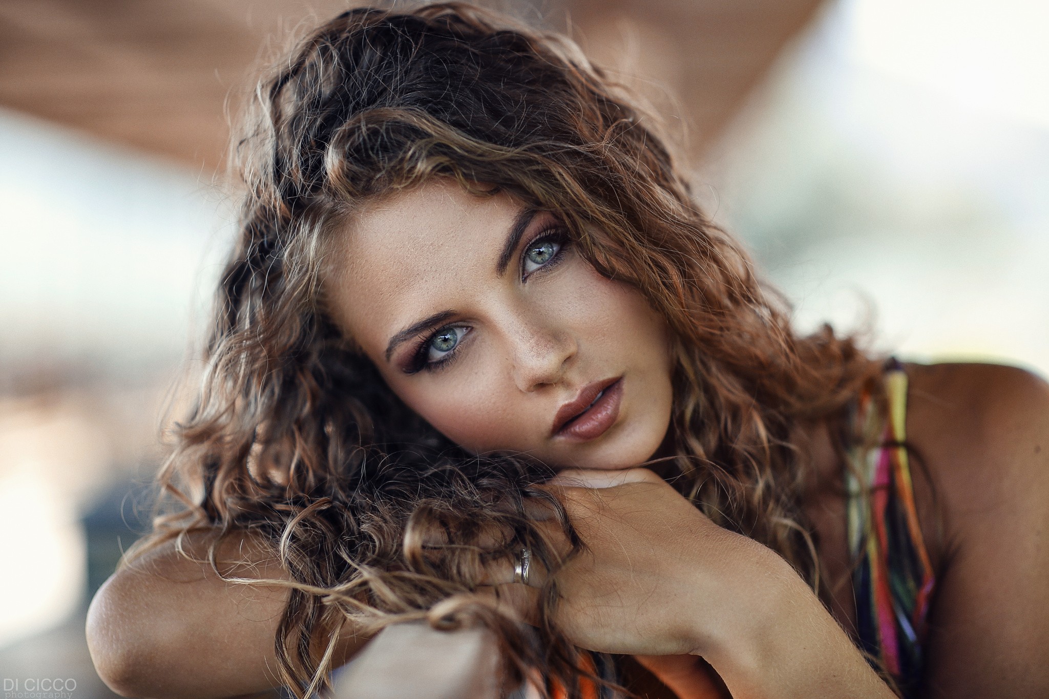 People 2048x1365 brunette model women photography portrait eyeliner looking at viewer Alessandro Di Cicco curly hair juicy lips wedding ring tanned face closeup rings makeup red lipstick dyed hair