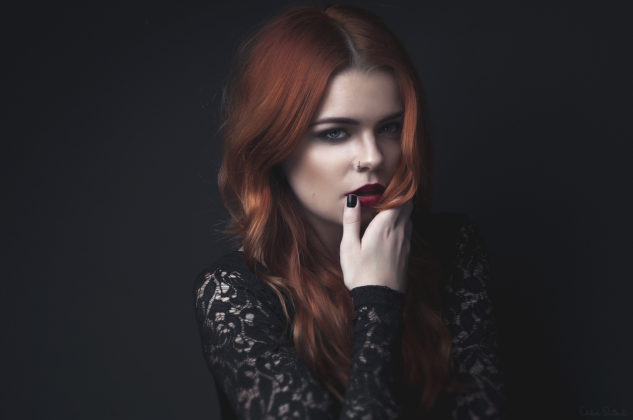 People 2048x1360 blonde brunette women model looking at viewer photography redhead black nails red lipstick women indoors indoors studio lipstick painted nails dark background simple background long hair watermarked nose ring dyed hair