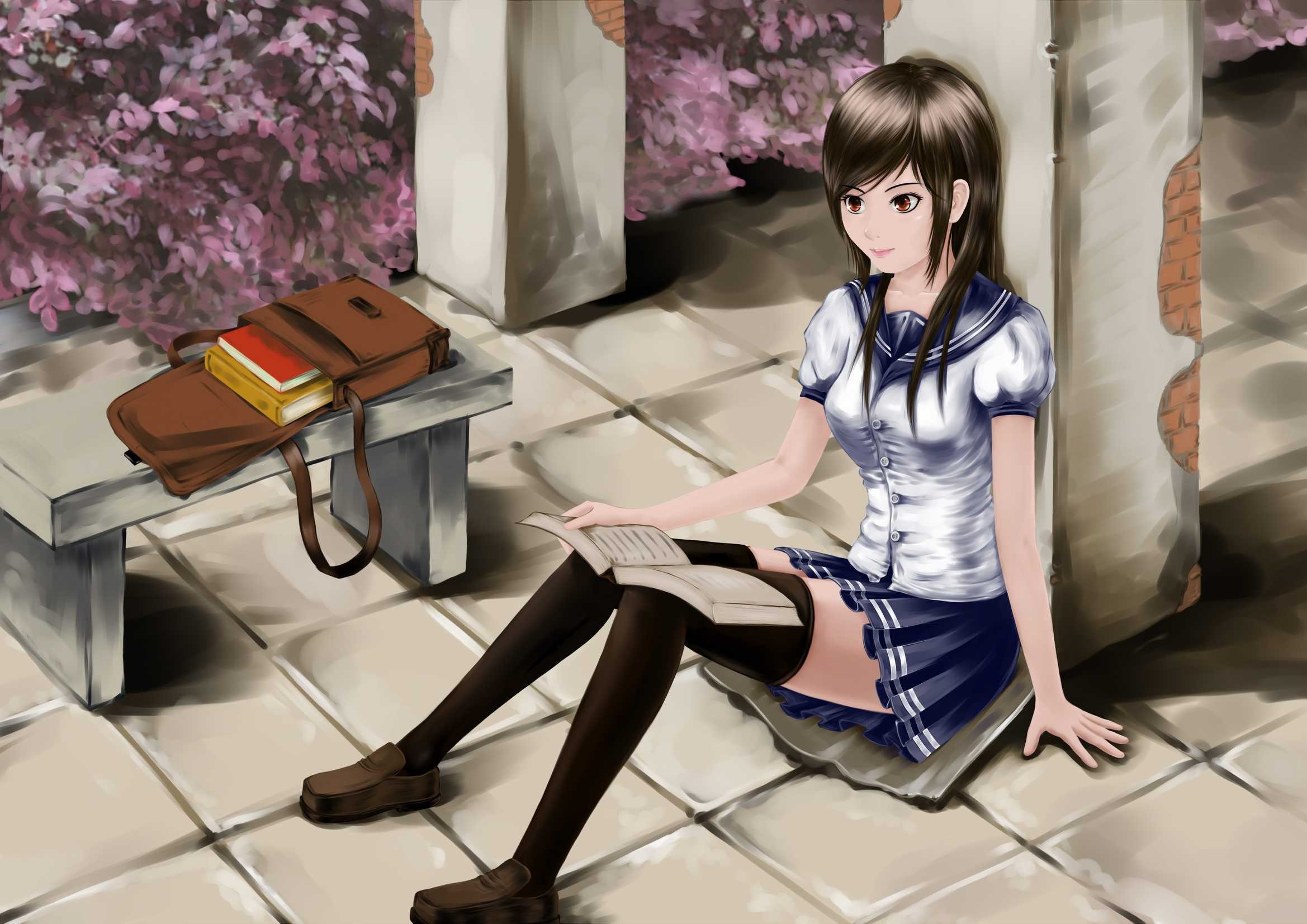 Anime 2338x1654 anime anime girls red eyes long hair books thigh-highs skirt dark hair women sitting Pixiv