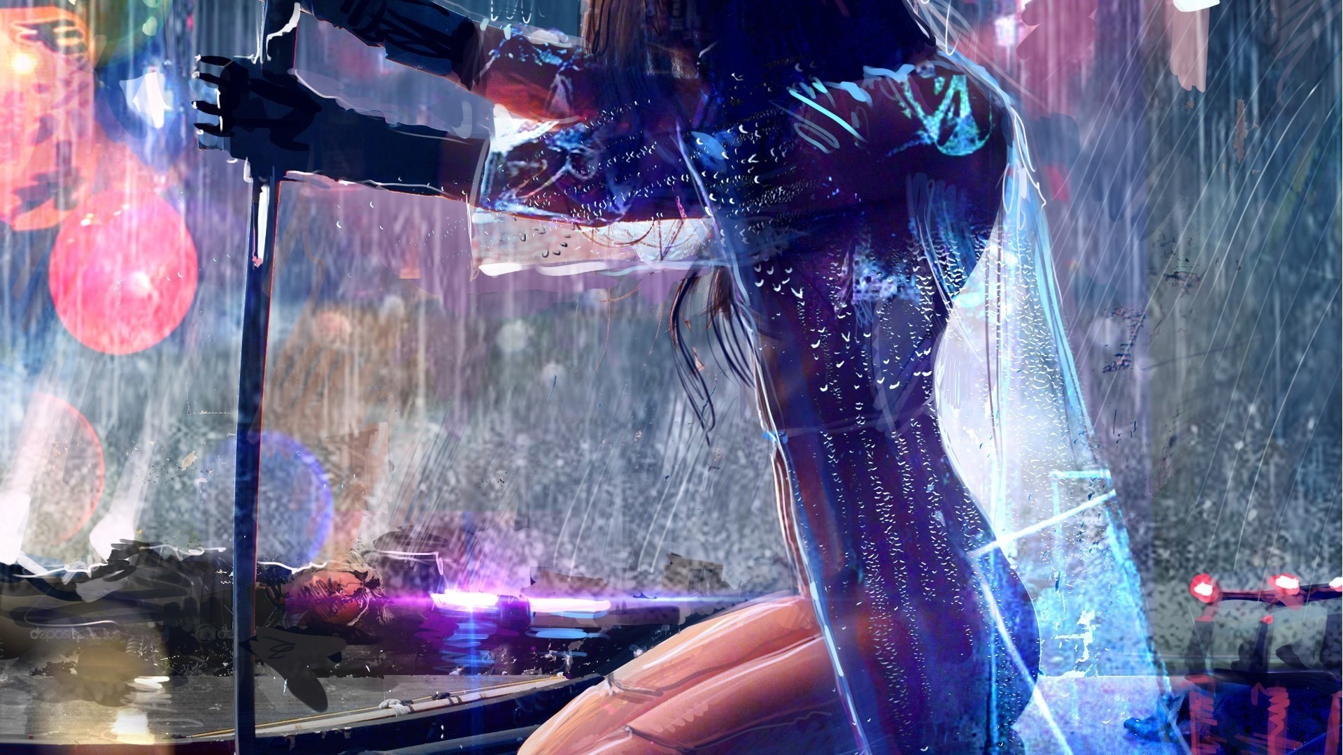 General 1920x1080 artwork cyberpunk sword futuristic women katana