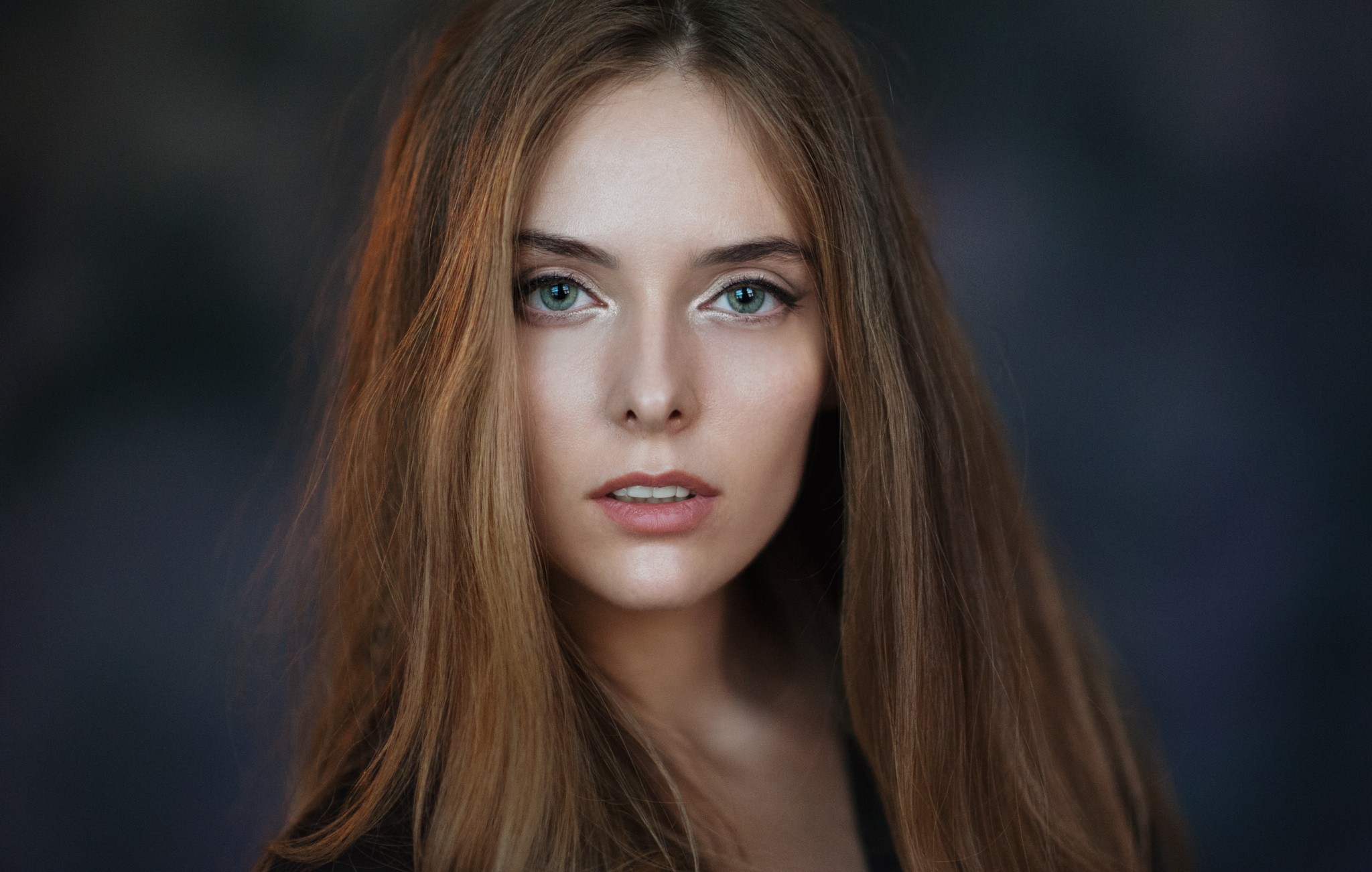 People 2048x1302 Amina Katinova women model face portrait simple background Maxim Maximov closeup brunette looking at viewer