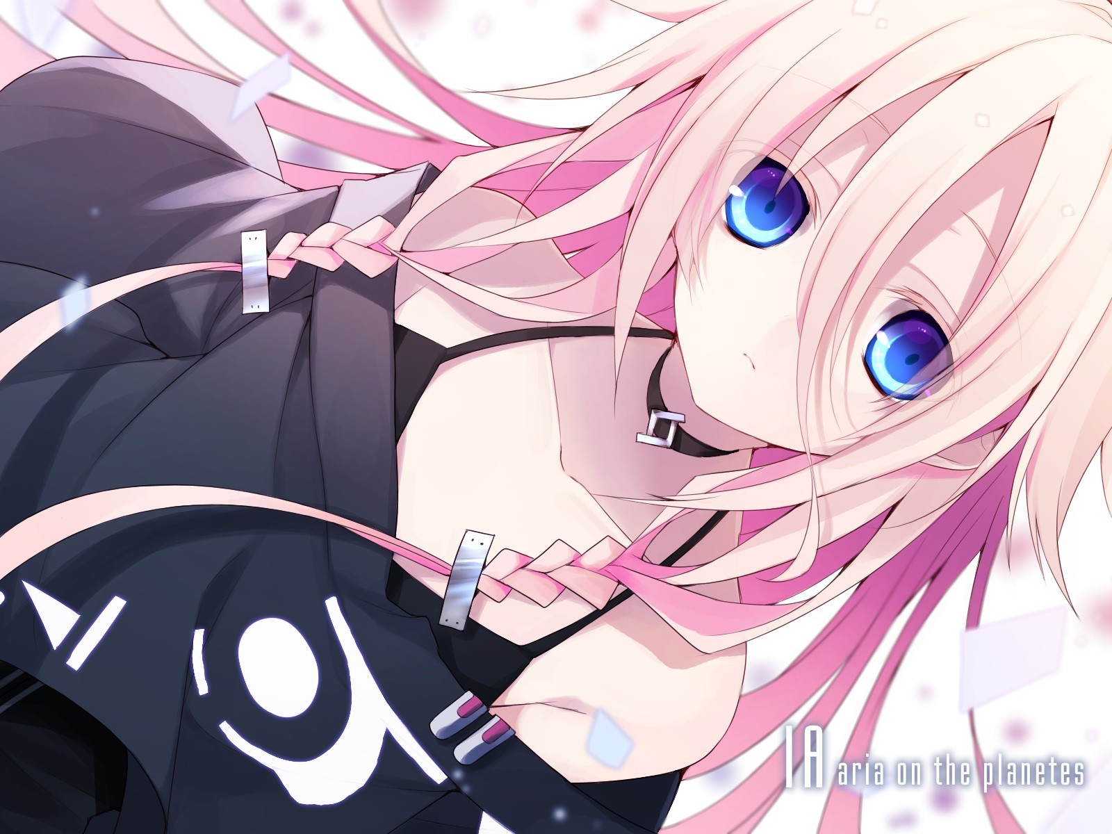 Anime 1600x1200 anime anime girls Vocaloid IA (Vocaloid) long hair pink hair blue eyes face sad black clothing hair in face looking at viewer