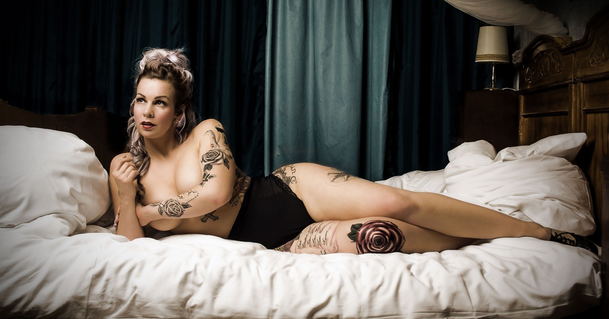 People 2048x1074 Doktor Capone in bed legs 500px tattoo women model lying on side