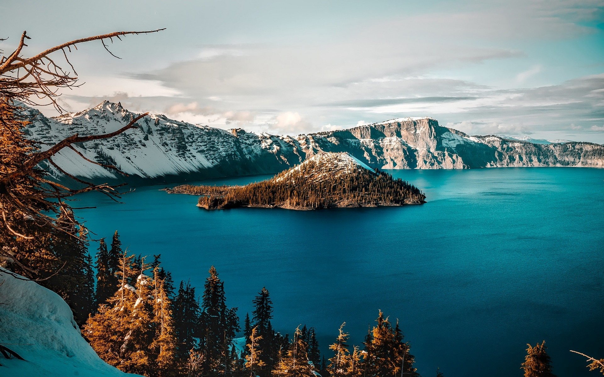 General 1920x1200 island nature water Crater Lake (Oregon) USA Oregon mountains winter sky clouds trees lake snow