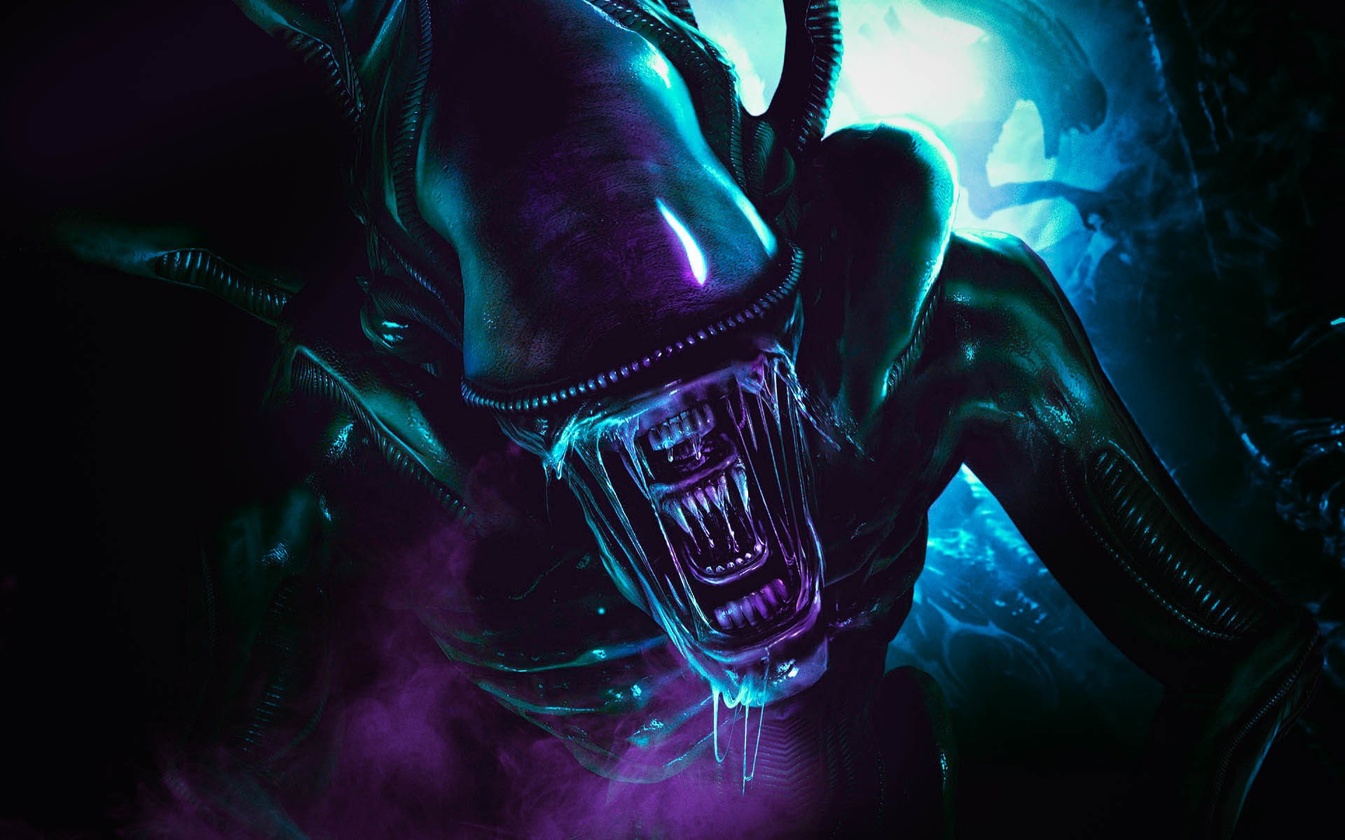 General 1920x1200 aliens Xenomorph creature horror science fiction purple cyan dark digital art Alien (Creature)