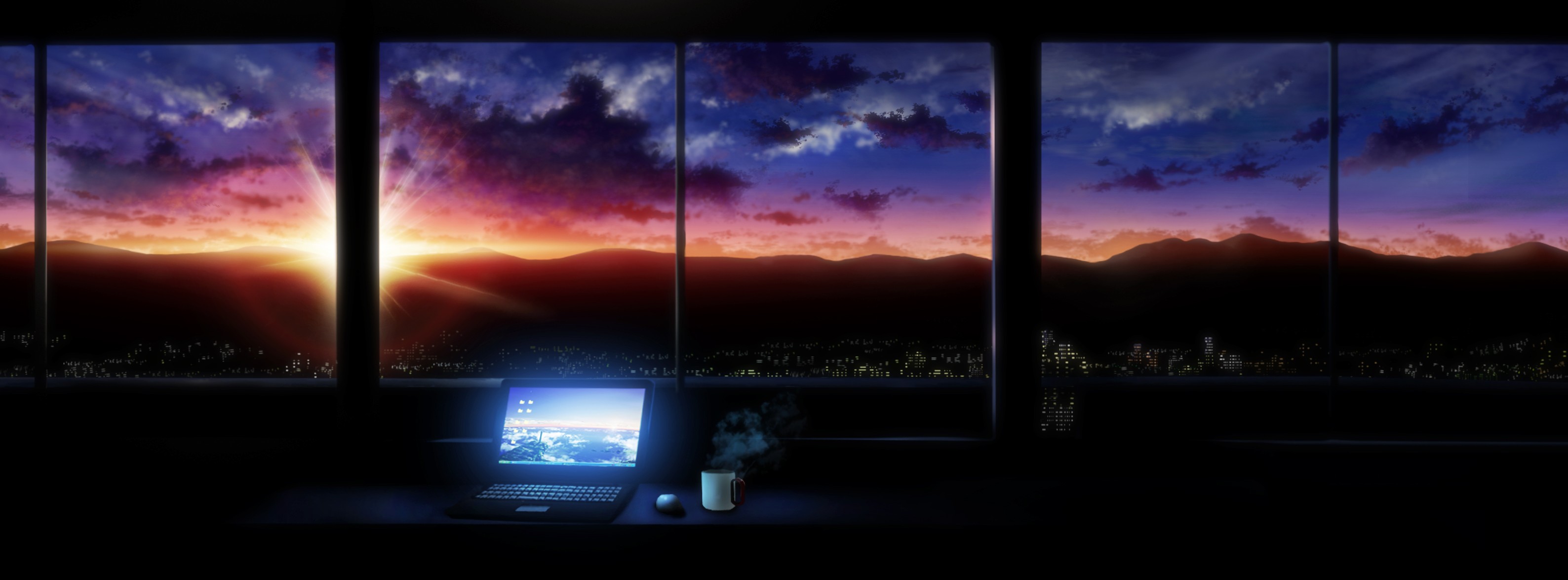 General 3176x1174 multiple display Sun anime laptop cup sunlight sky