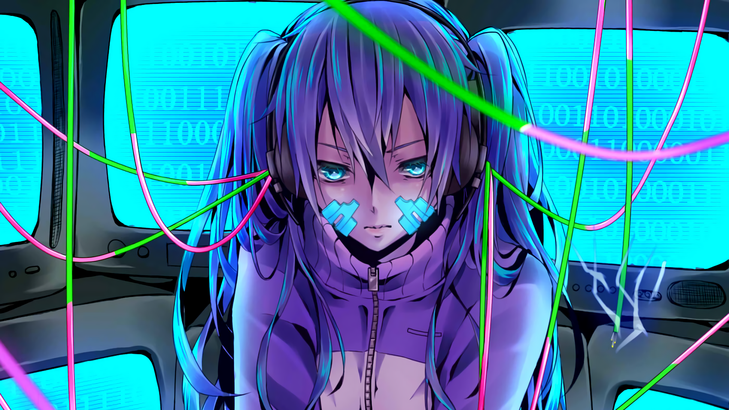 Anime 2560x1440 Vocaloid binary headphones purple hair Kagerou Project Enomoto Takane blue hair cyan