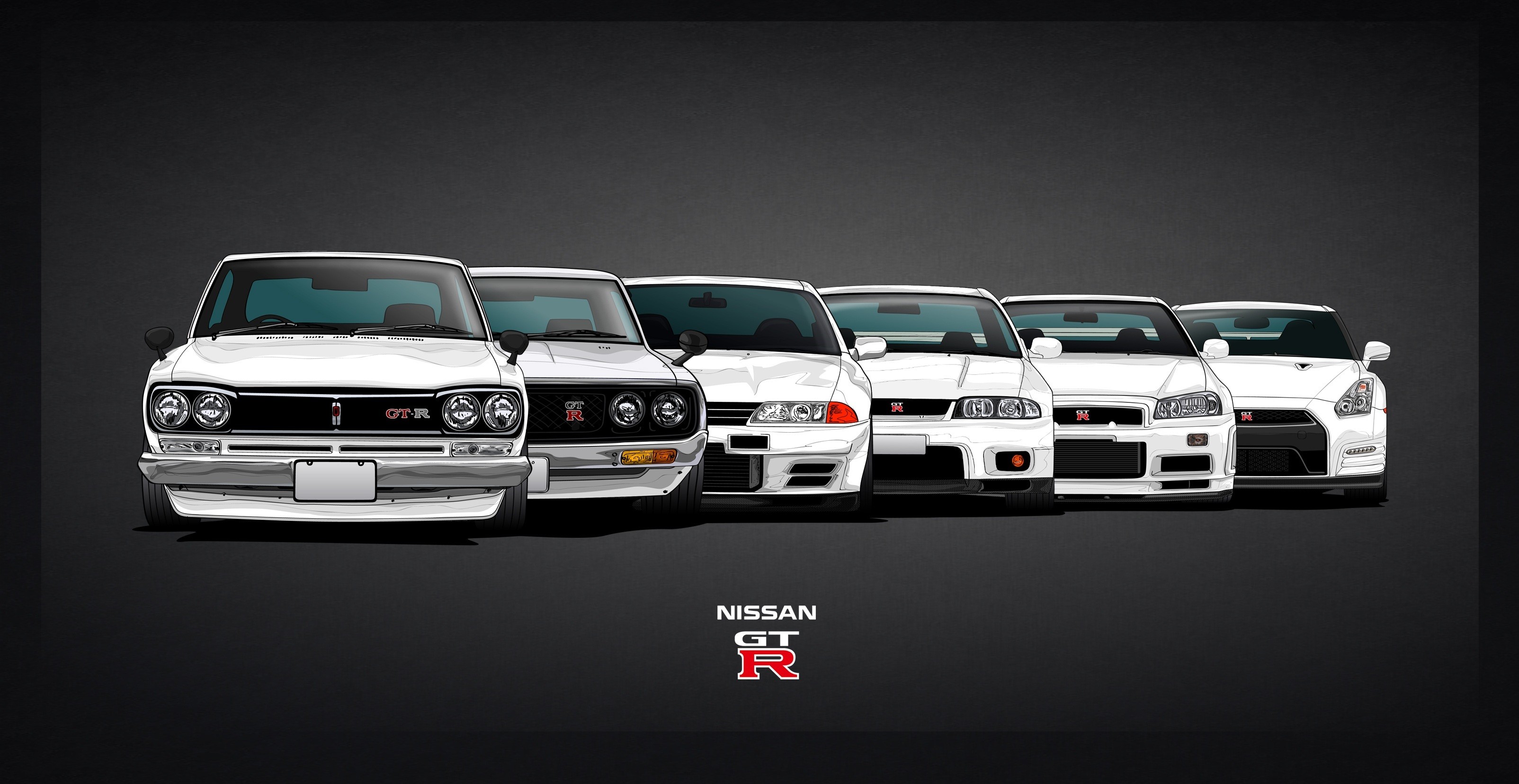 General 3208x1656 car vehicle Nissan white cars frontal view Nissan Skyline C10 Nissan Skyline C110 Nissan Skyline R32 Nissan Skyline R33 Nissan Skyline R34 Nissan GT-R simple background gray background sports car supercars artwork