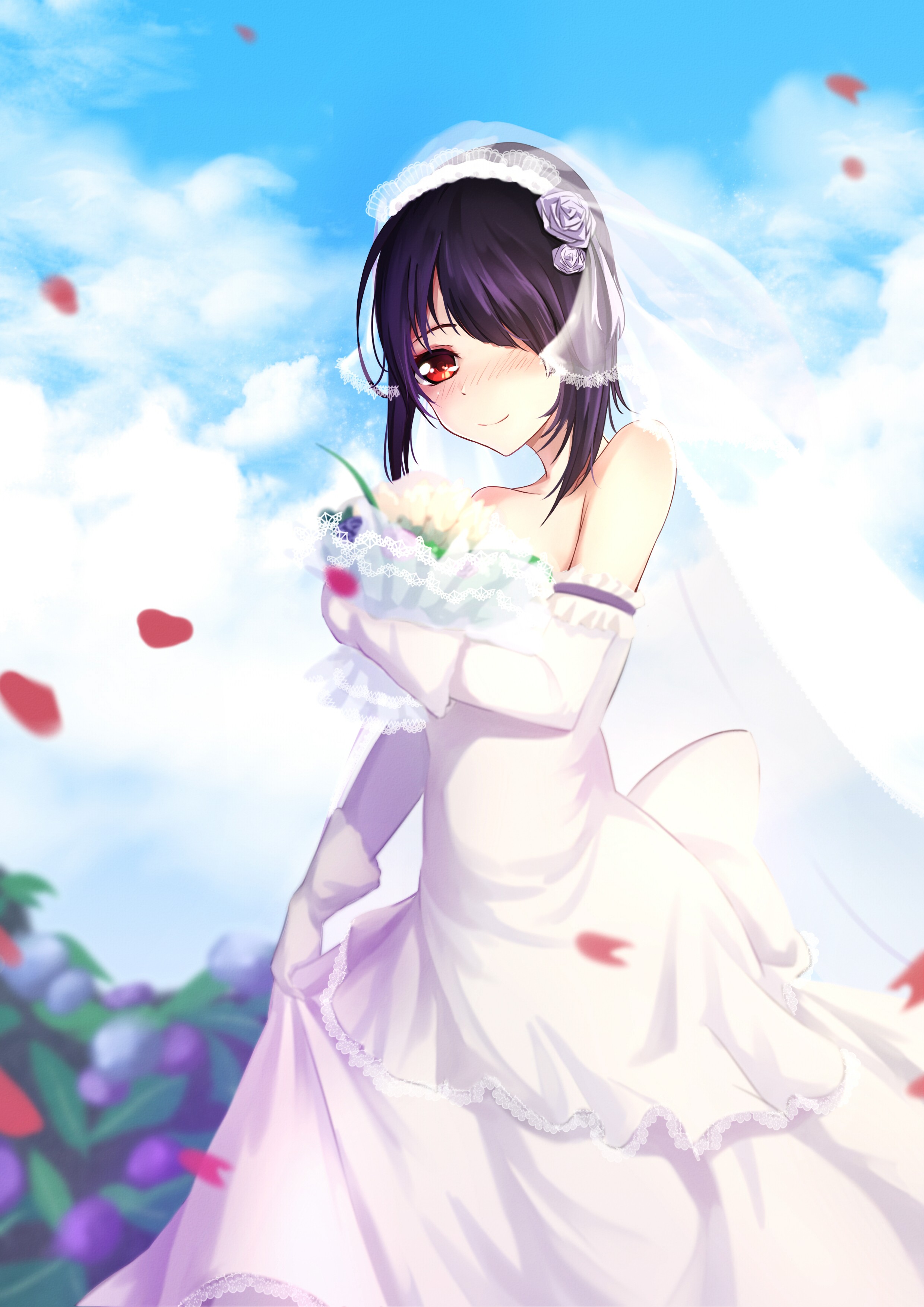 Anime 2480x3507 anime anime girls wedding dress short hair red eyes