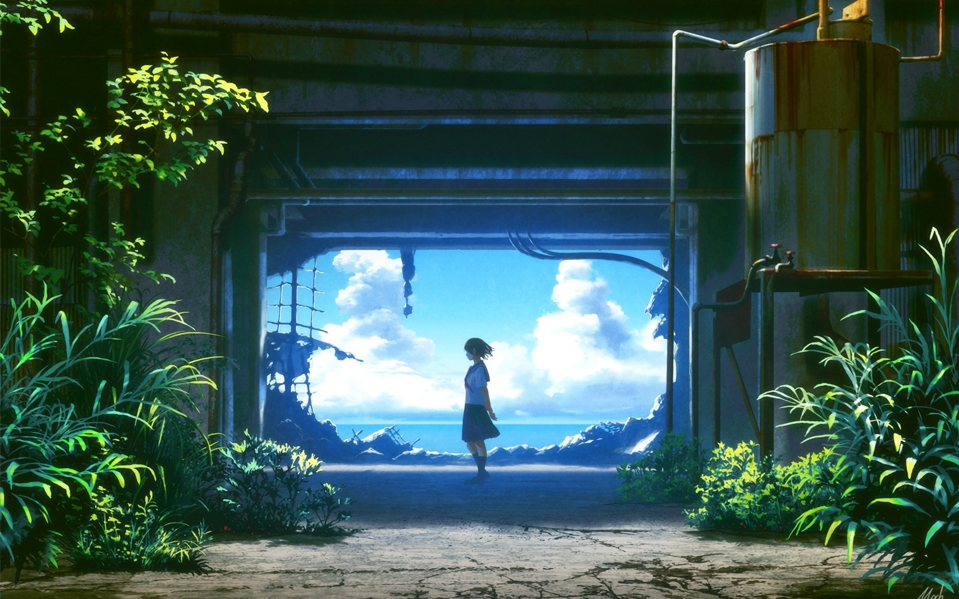 Anime 1920x1200 ruins clouds plants skirt school uniform sea landscape