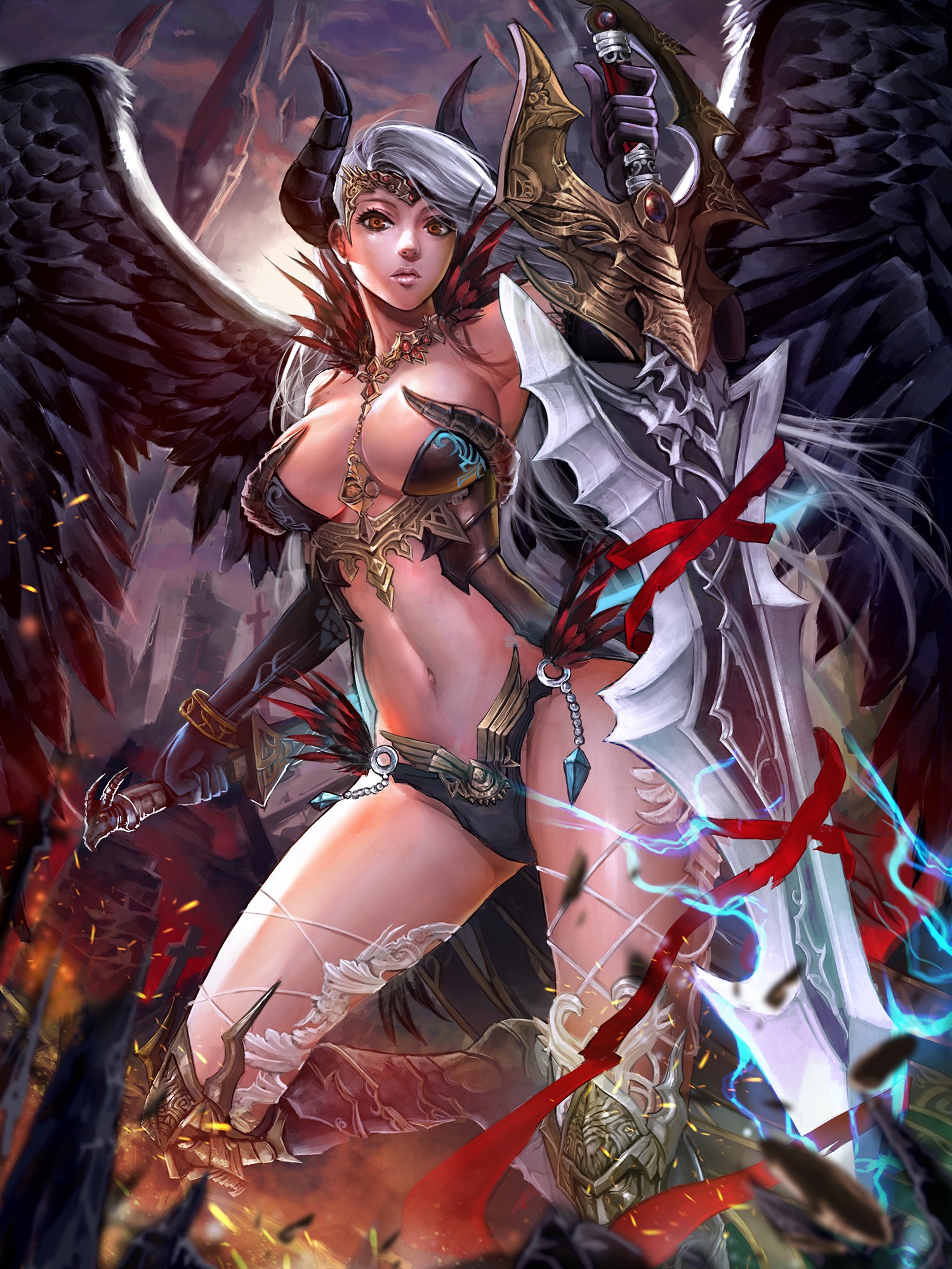 Anime 1500x2000 anime anime girls armor bikini armor cleavage horns wings gray hair sword weapon