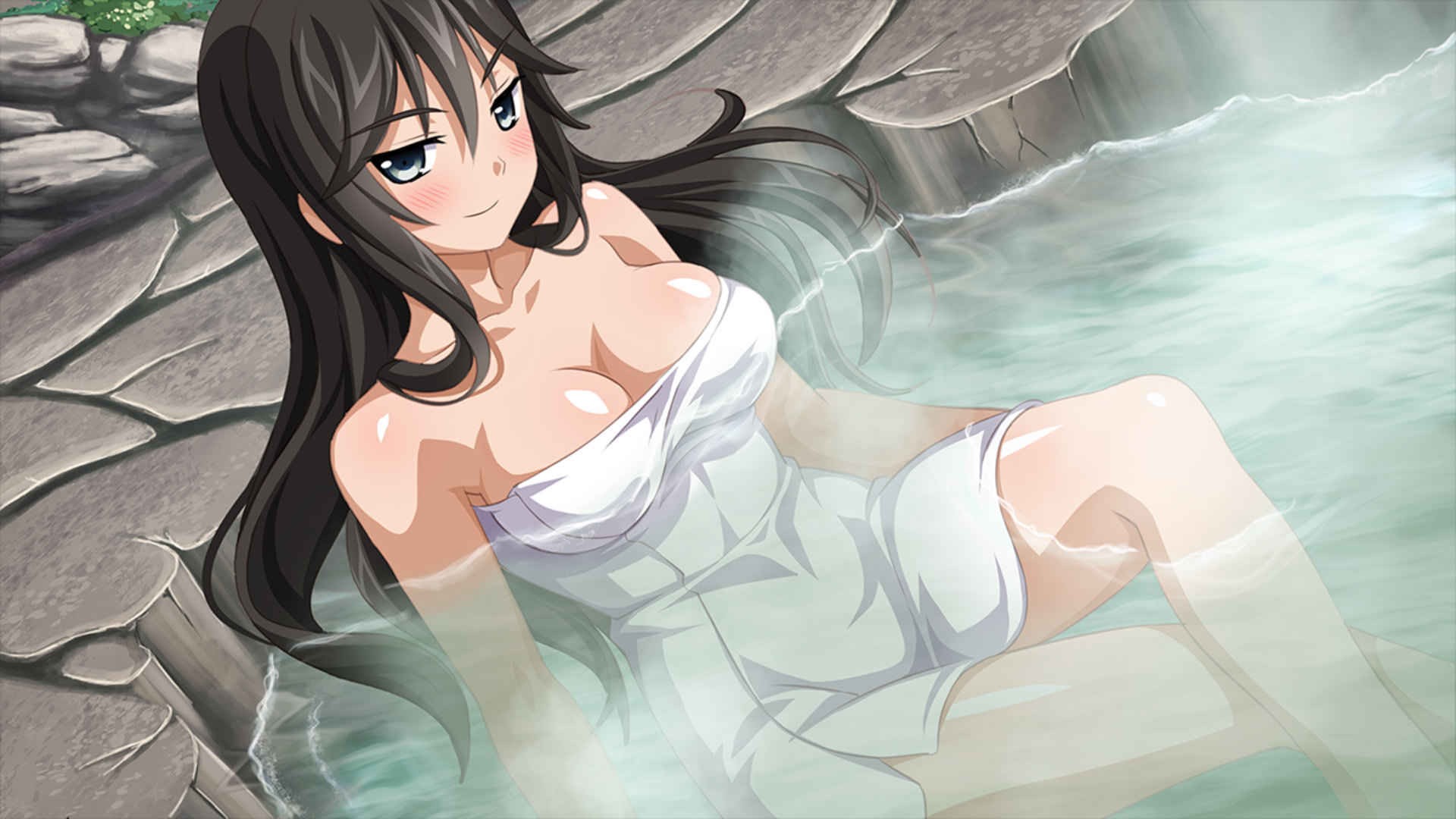 Anime 1920x1080 Sakura Spirit ecchi anime girls big boobs water dark hair anime boobs dark eyes onsen hot spring towel Wanaca bathing sitting