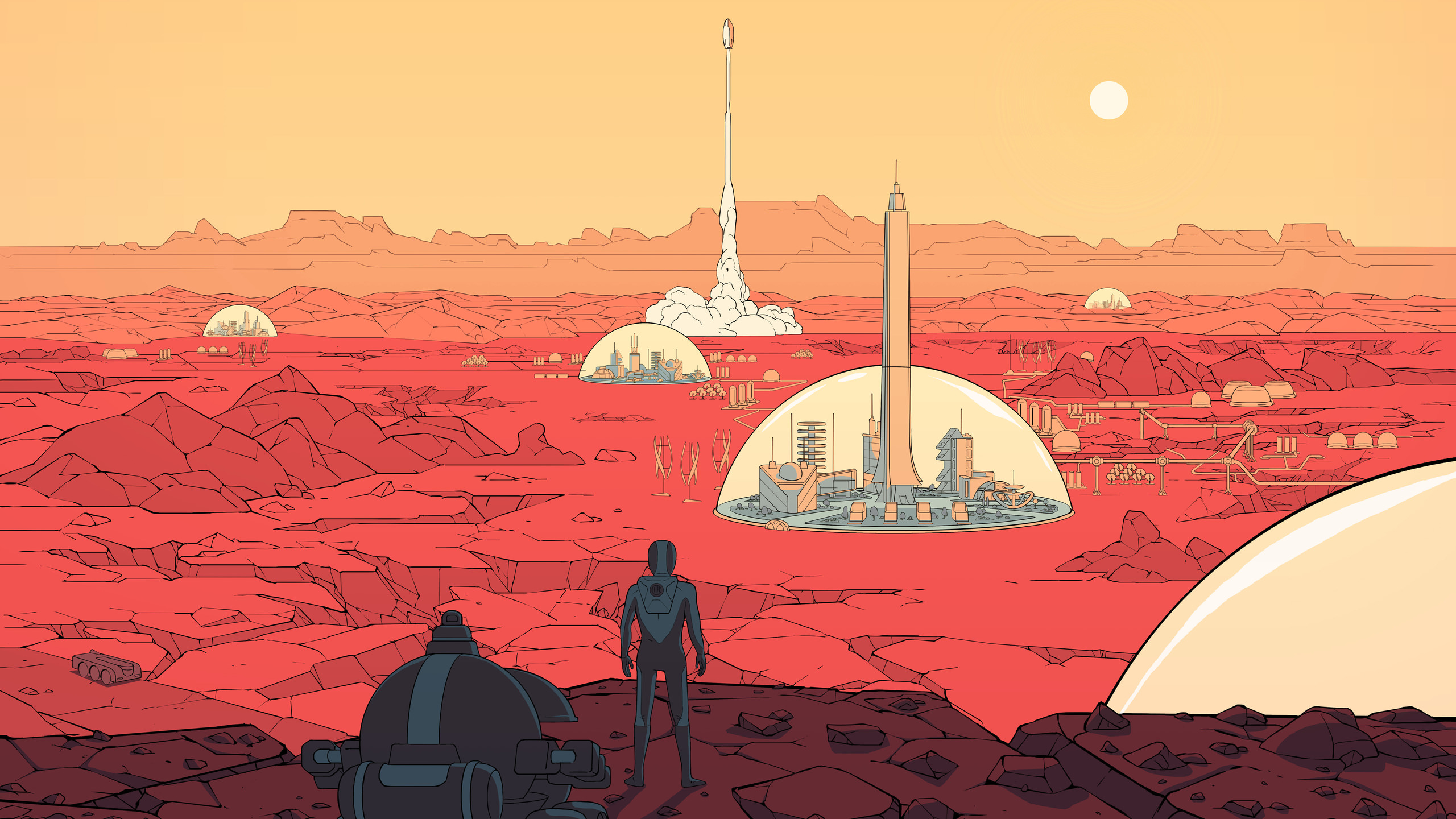 General 2560x1440 Mars artwork red planet spaceship crater surviving mars video games astronaut standing take-off