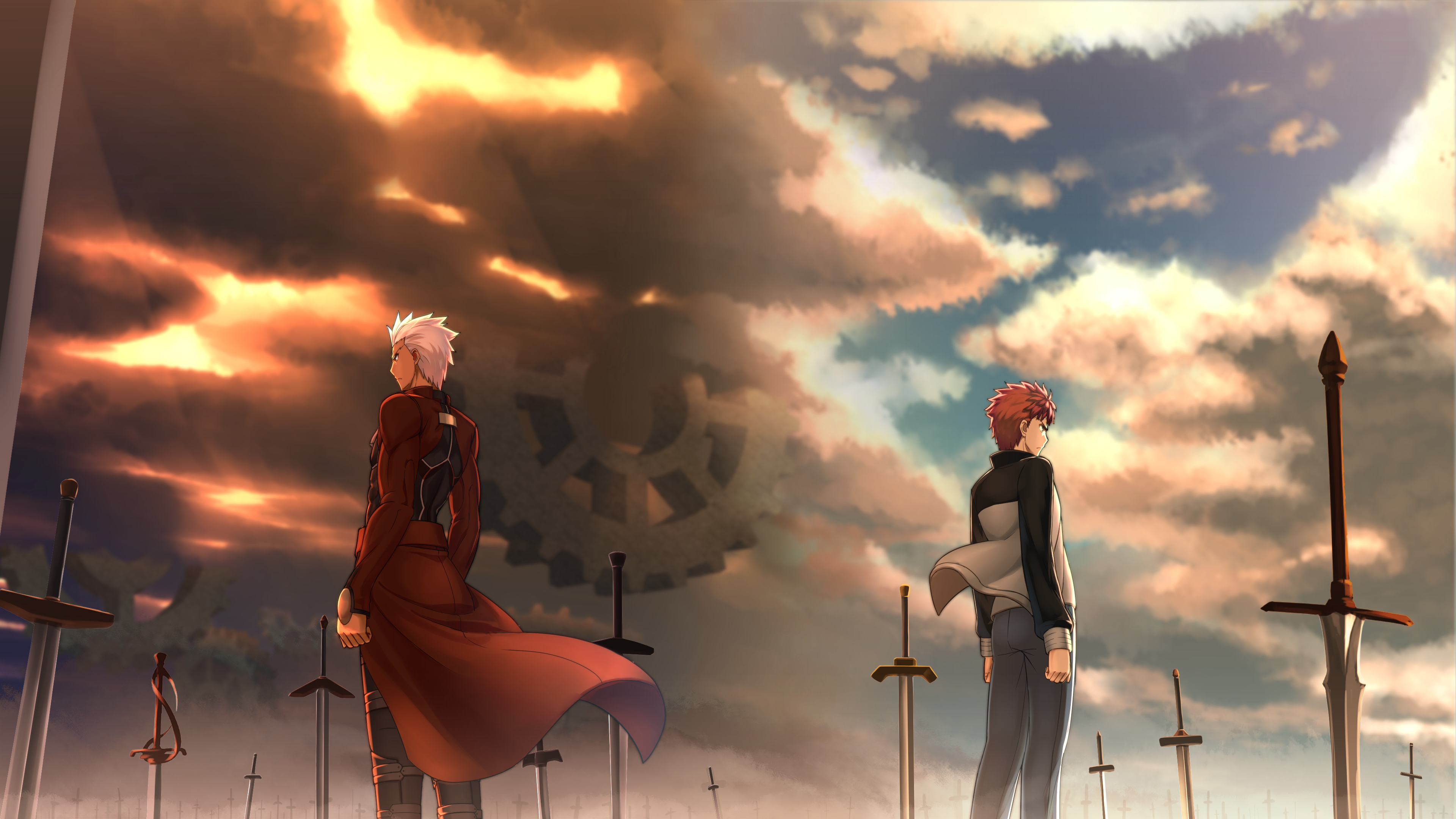 Anime 3840x2160 Fate series Fate/Stay Night Fate/Stay Night: Unlimited Blade Works anime boys muscles 6-pack long sleeves clouds sword 2D looking away back to back Archer (Fate/Stay Night) Shirou Emiya short hair redhead white hair anime gears fan art