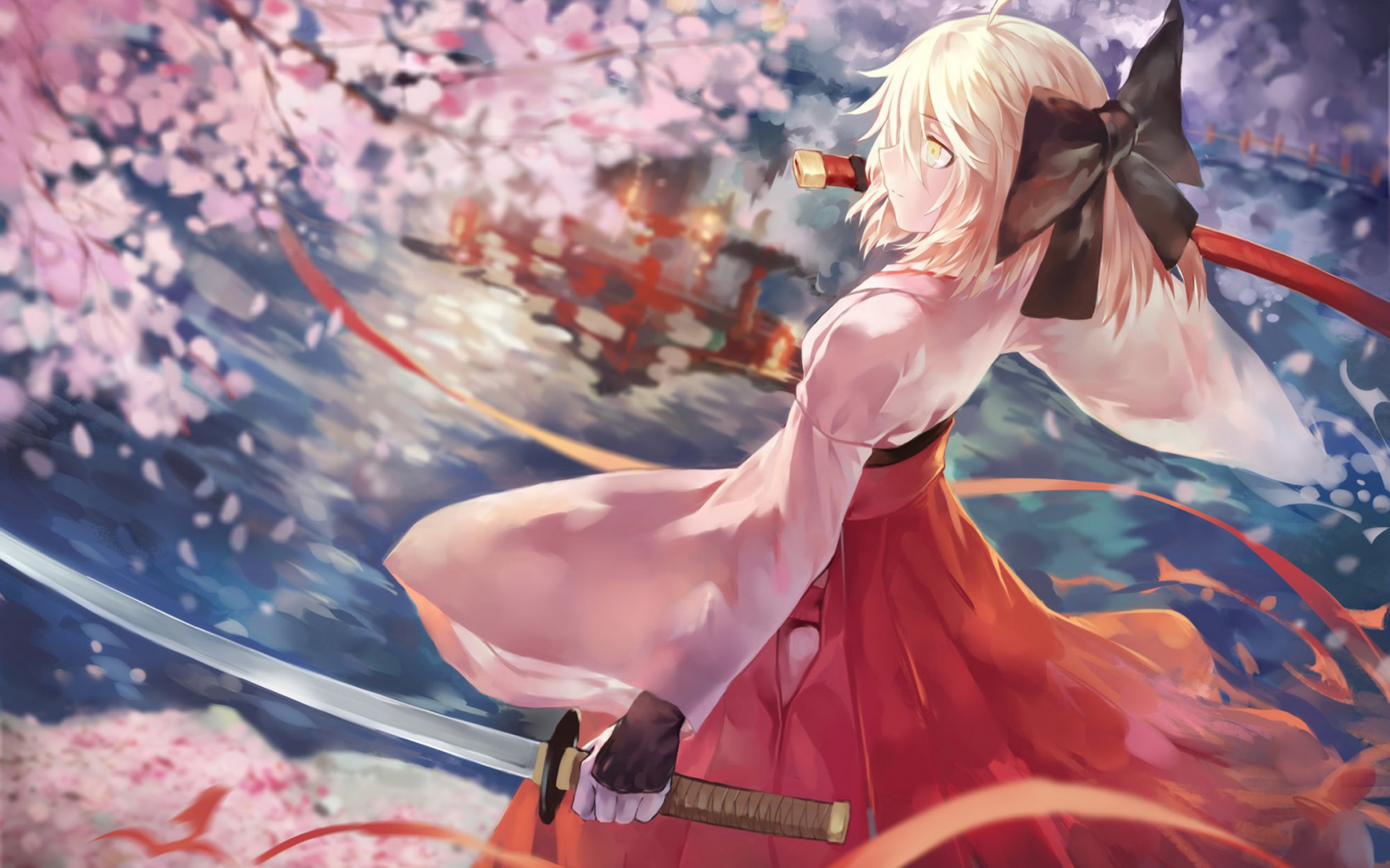 Anime 3840x2400 anime anime girls Fate/Grand Order women with swords Fate series Okita Souji Japanese clothes katana cherry blossom