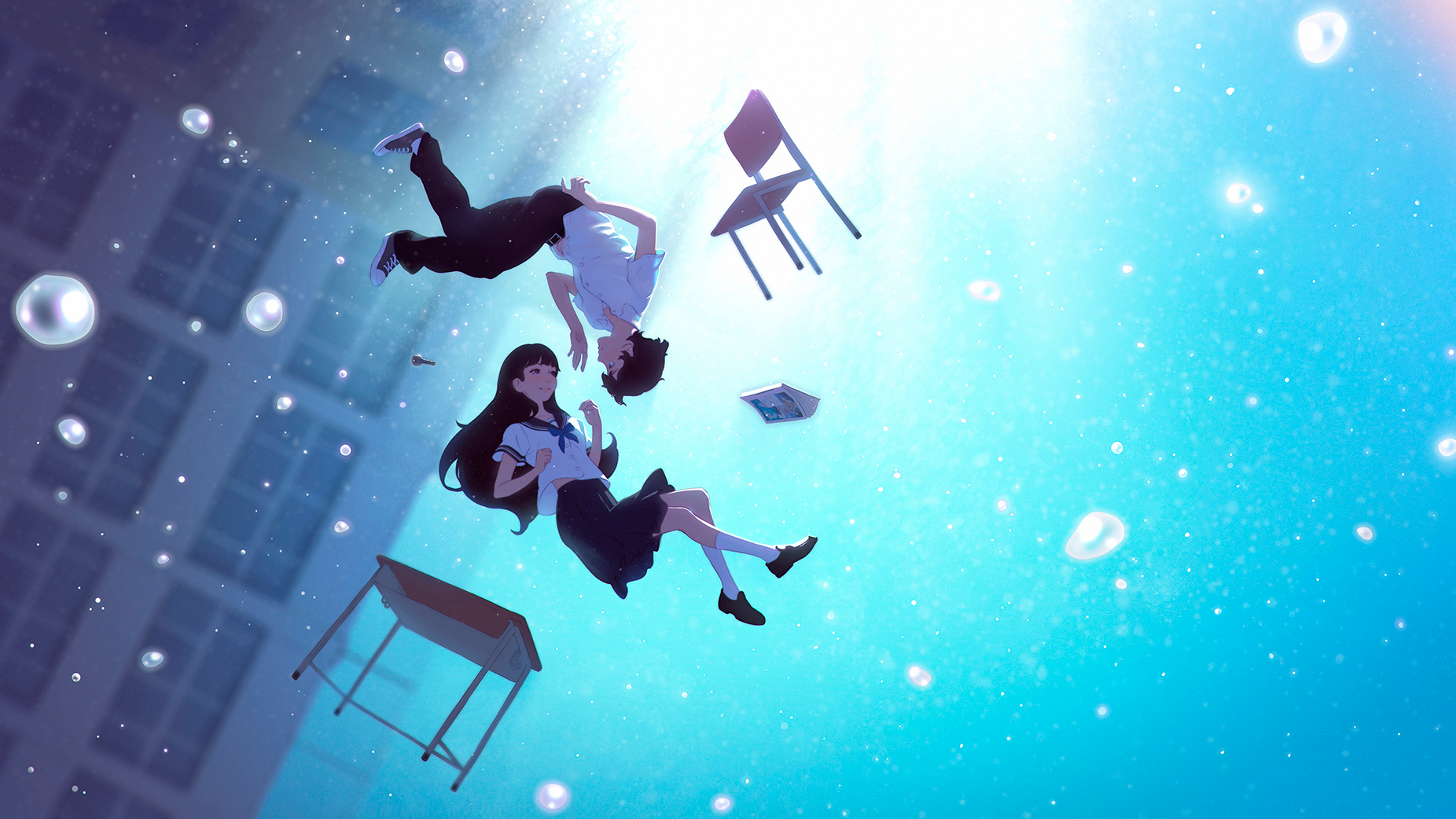 Anime 1852x1042 anime falling anime girls schoolgirl schoolboys brunette chair long hair cyan