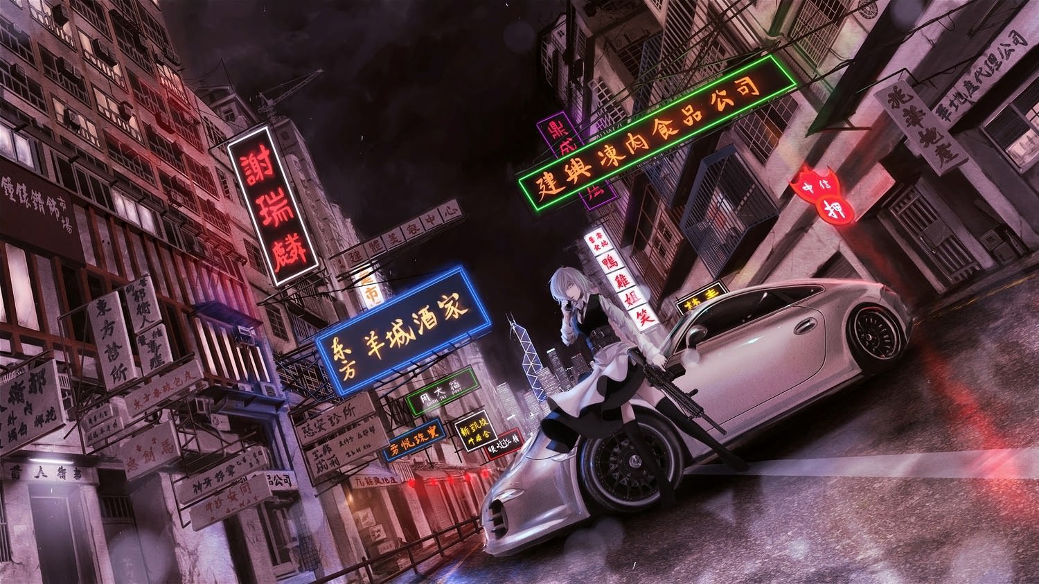 Anime 1500x843 anime anime girls city weapon car vehicle night