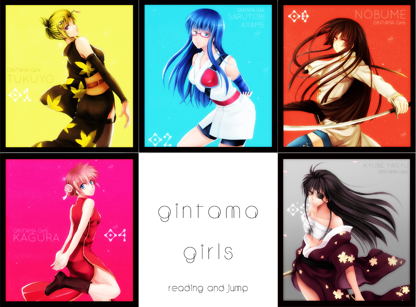 Anime 1389x1024 Gintama anime girls Imai Nobume Kagura (Gintama) Tsukuyo Yagyuu Kyuubei Sarutobi Ayame collage Pixiv