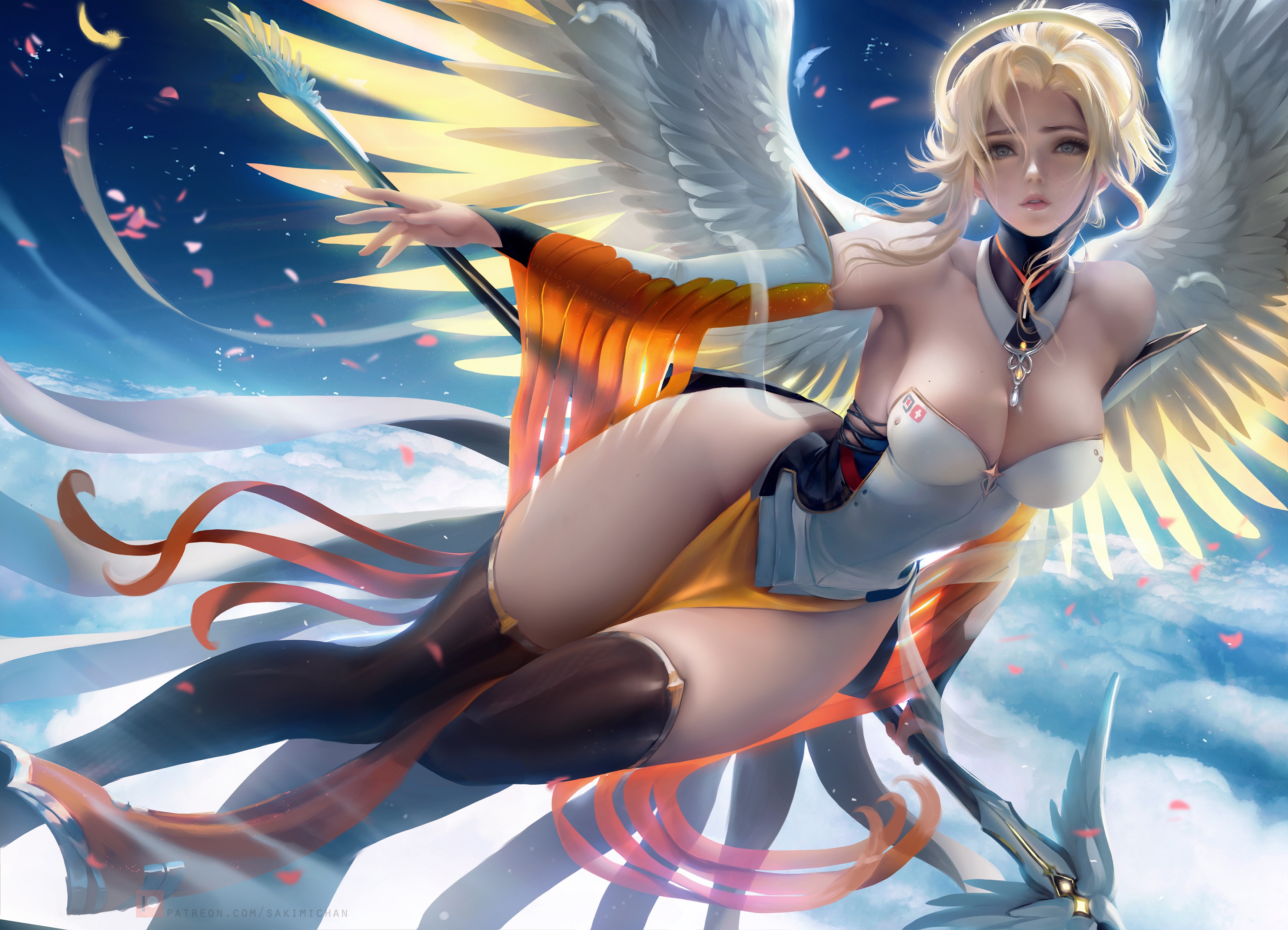 General 3477x2511 cleavage boobs tight clothing corset thighs blonde PC gaming ArtStation curvy big boobs fantasy art fantasy girl stockings Overwatch Mercy (Overwatch) sky video game characters video game girls clouds video games Sakimichan black stockings flying looking at viewer