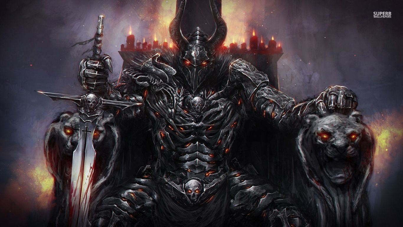 General 1366x768 fantasy art throne demon armor sword glowing eyes