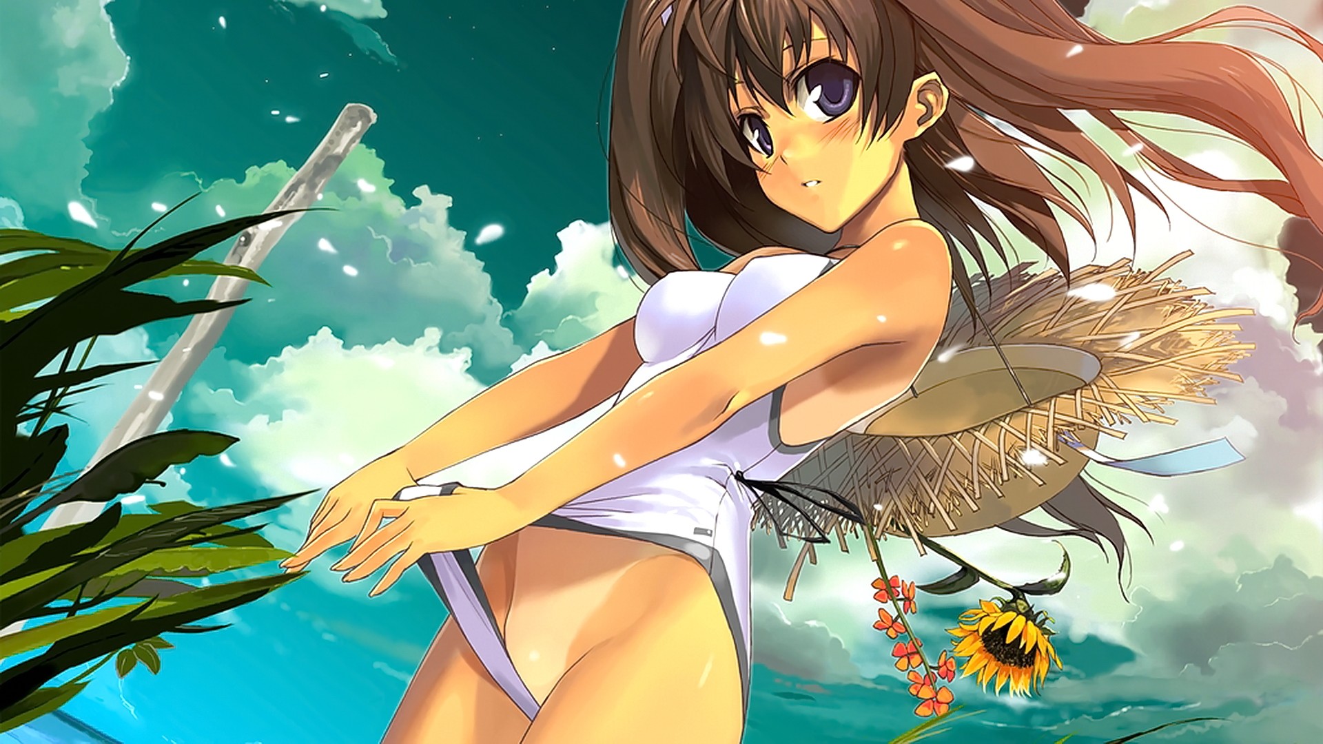 Anime 1920x1080 anime anime girls long hair brunette sky clouds water looking at viewer straw hat one-piece swimsuit purple eyes tan lines Morii Shizuki pulling clothing women outdoors sunflowers swimwear white swimsuit