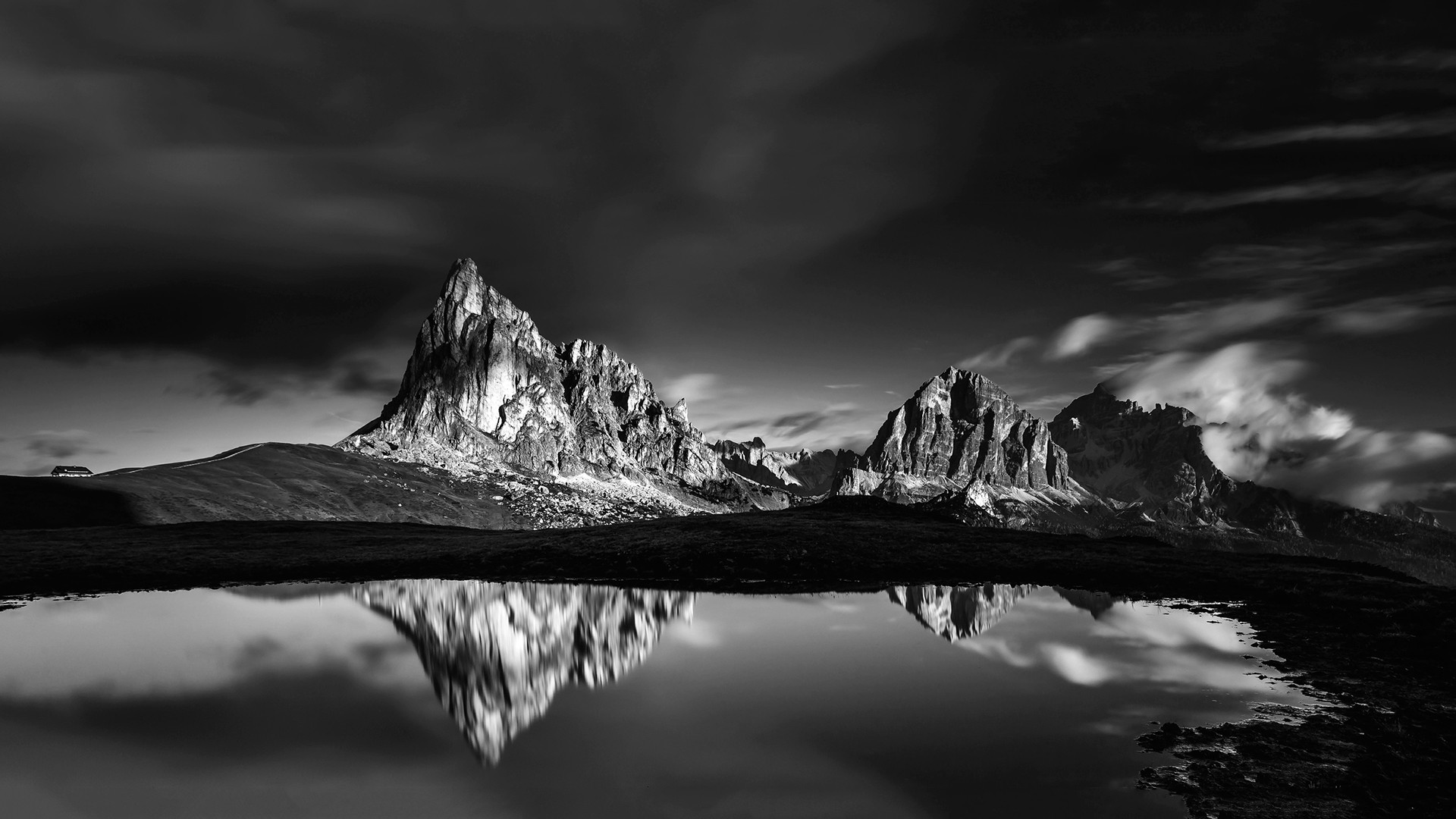 General 1920x1080 nature landscape mountains clouds Dolomites lake water house reflection monochrome