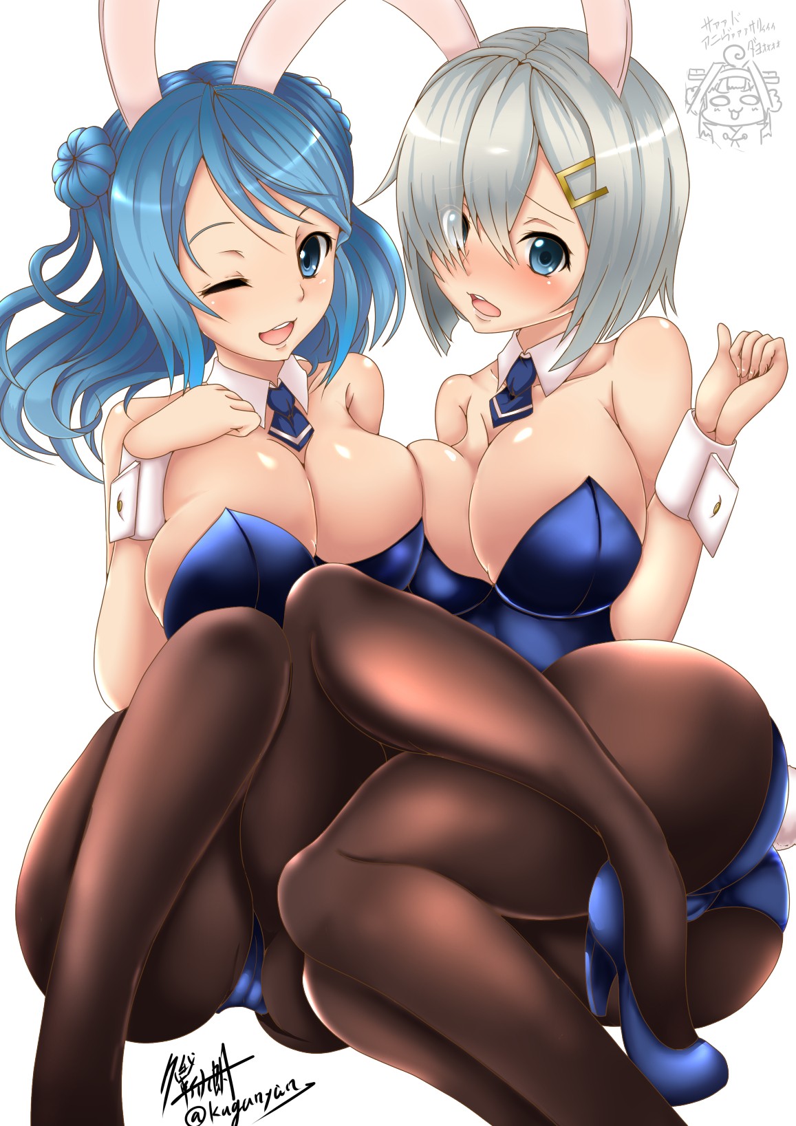 Anime 1157x1637 anime anime girls Hamakaze (KanColle)  Kantai Collection boobs big boobs huge breasts curvy one eye closed pantyhose heels open mouth bunny ears bunny girl two women white background legs thighs ass
