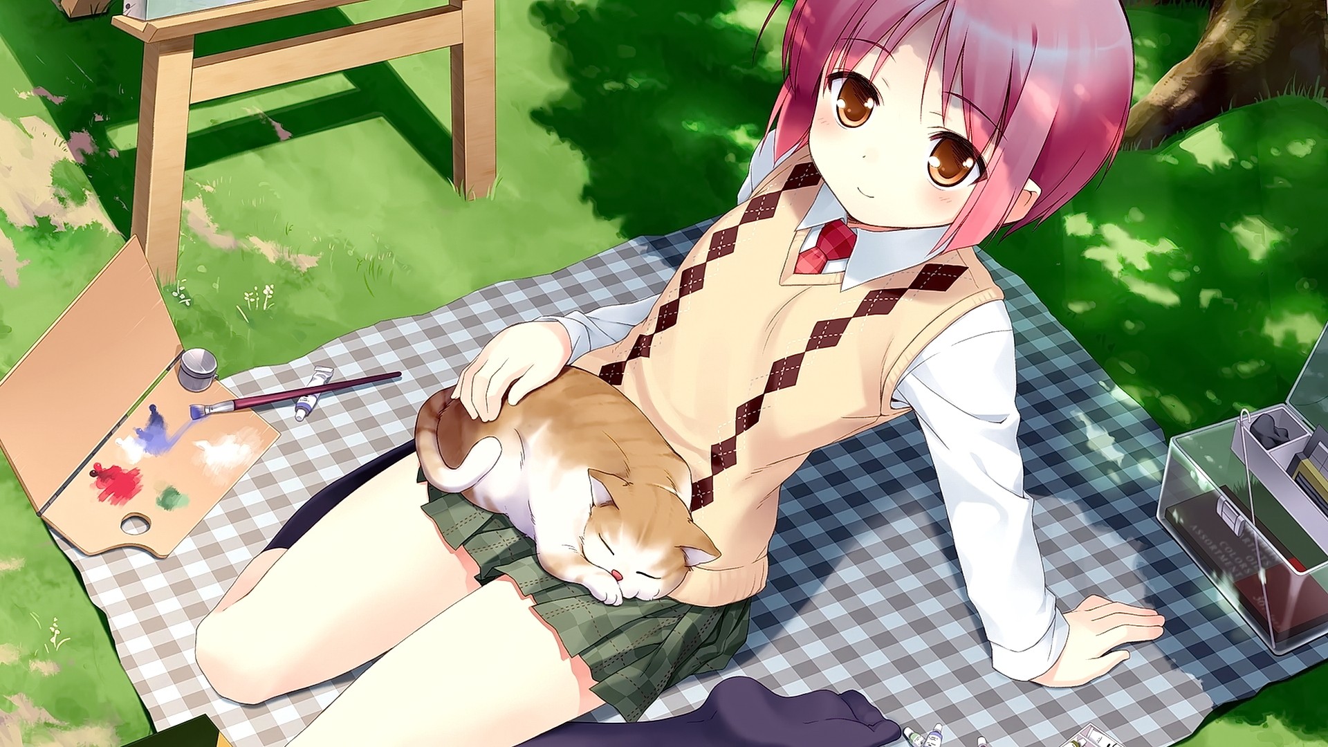 Anime 1920x1080 anime anime girls pink hair animals cats smiling looking at viewer tie mammals paint brushes skirt green skirt women outdoors shoulder length hair