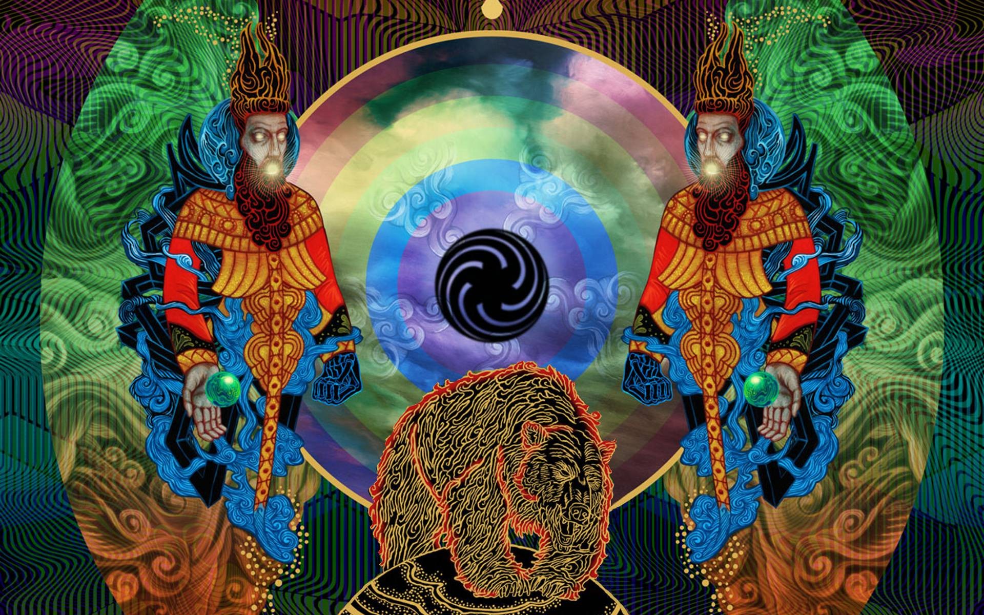 General 1920x1200 music album covers bears Mastodon colorful surreal circle glowing eyes artwork digital art