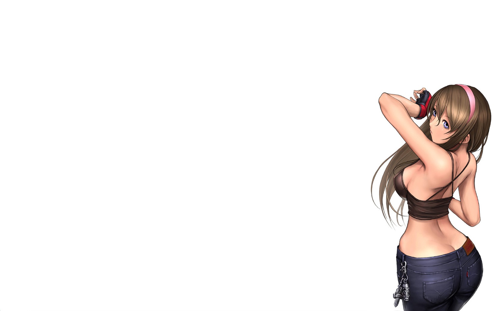 Anime 1680x1050 anime erotic art  anime girls brunette long hair boobs big boobs sideboob arms up back jeans standing white background simple background bright