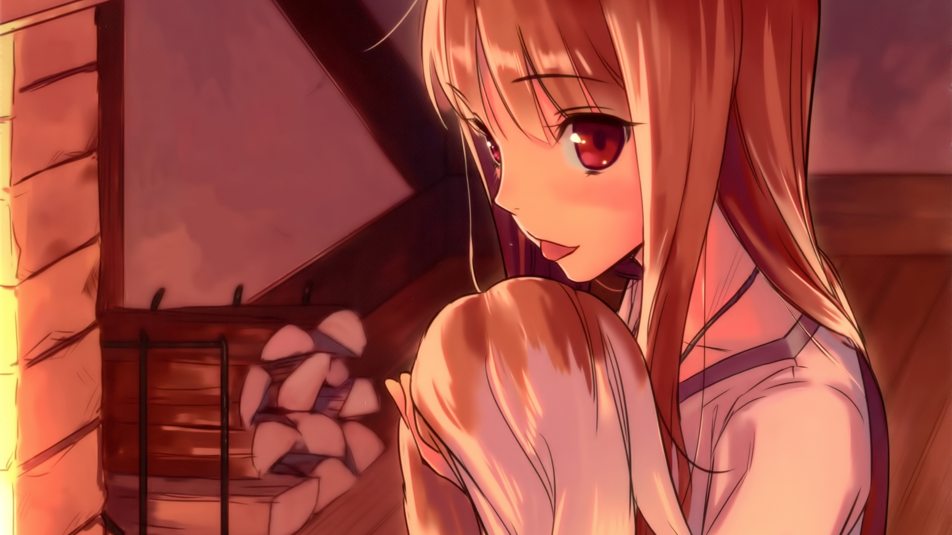 Anime 1920x1080 Spice and Wolf Holo (Spice and Wolf) wolf girls anime anime girls tongues tongue out red eyes long hair face closeup women indoors