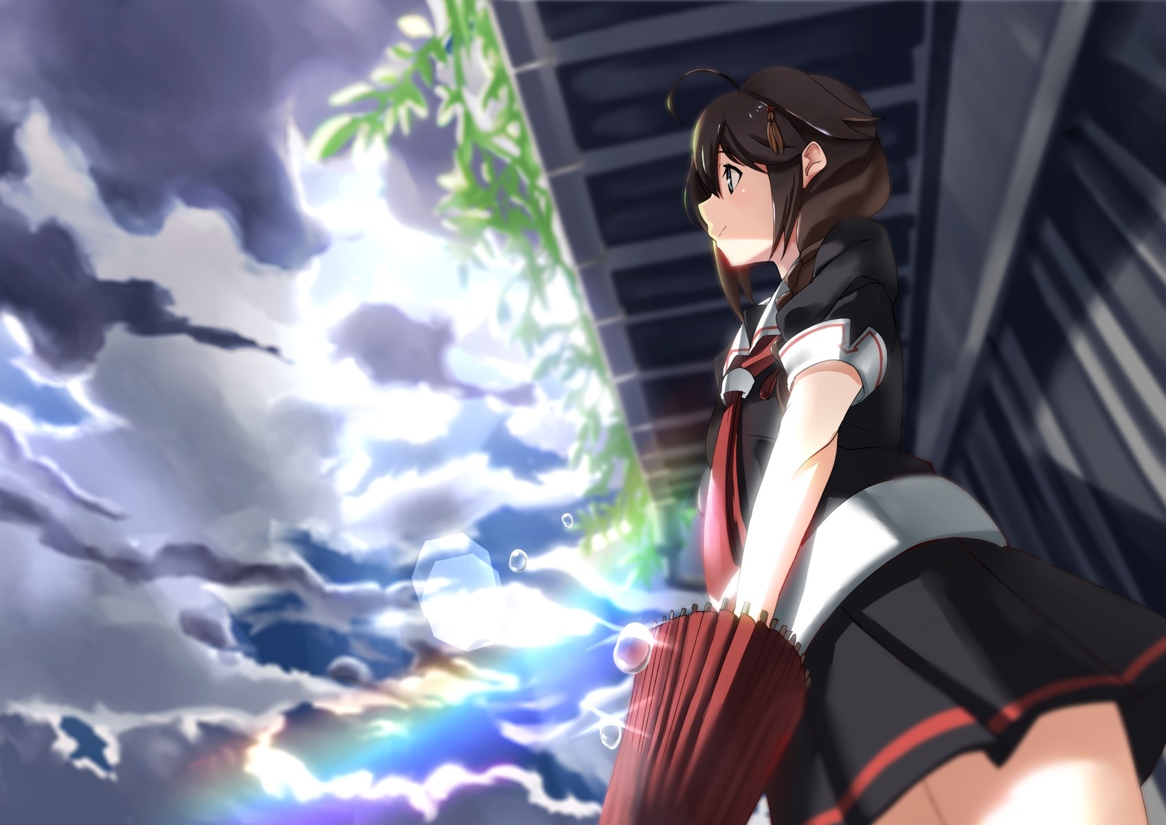 Anime 1697x1200 anime anime girls Kantai Collection Shigure (KanColle) clouds sky umbrella Pixiv women with umbrella brunette black clothing women outdoors standing low-angle