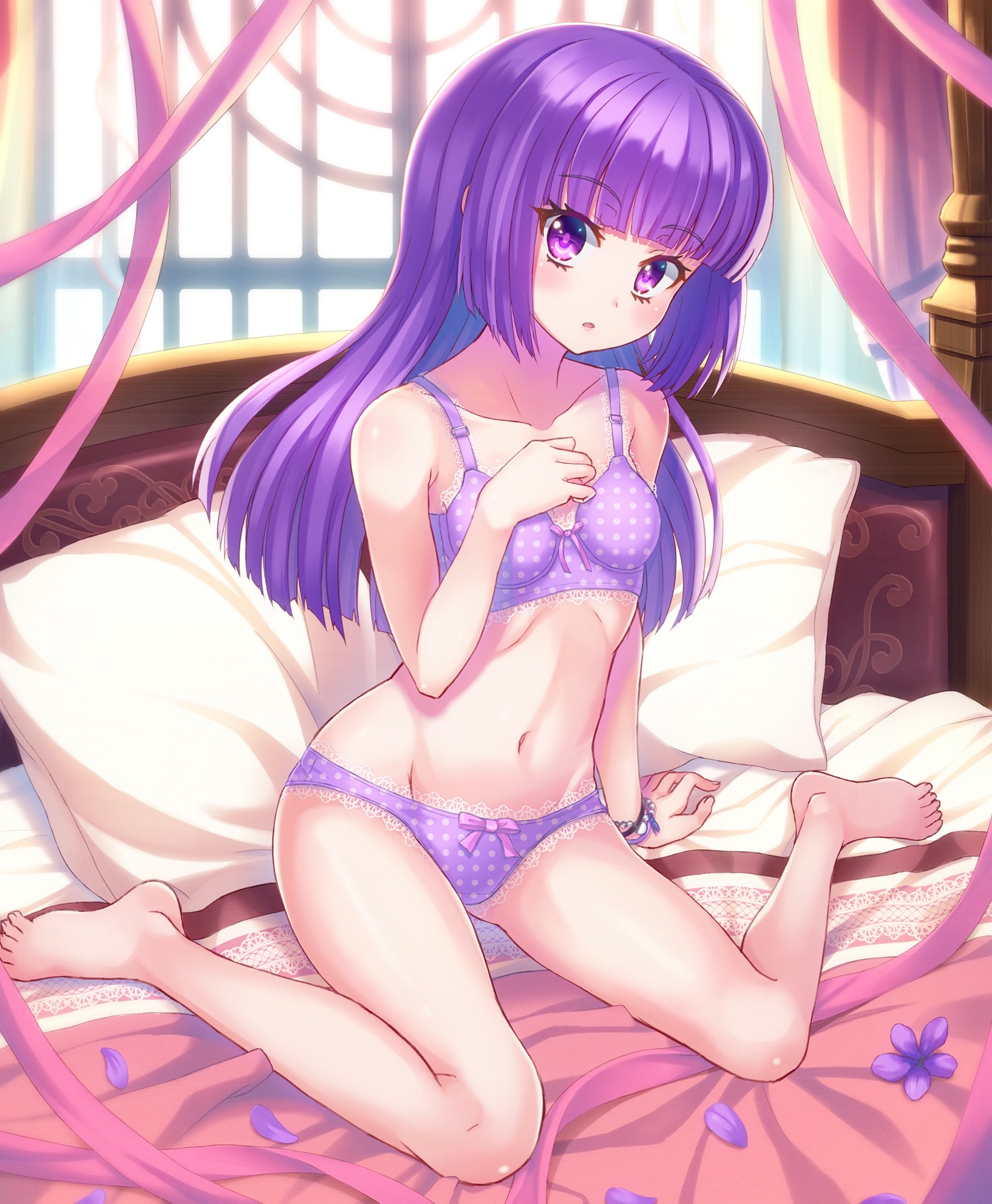 Anime 1400x1700 anime bra undressing anime girls Pixiv panties purple underwear underwear polka dots purple bra purple panties purple hair purple eyes looking at viewer bed in bed bedroom barefoot women