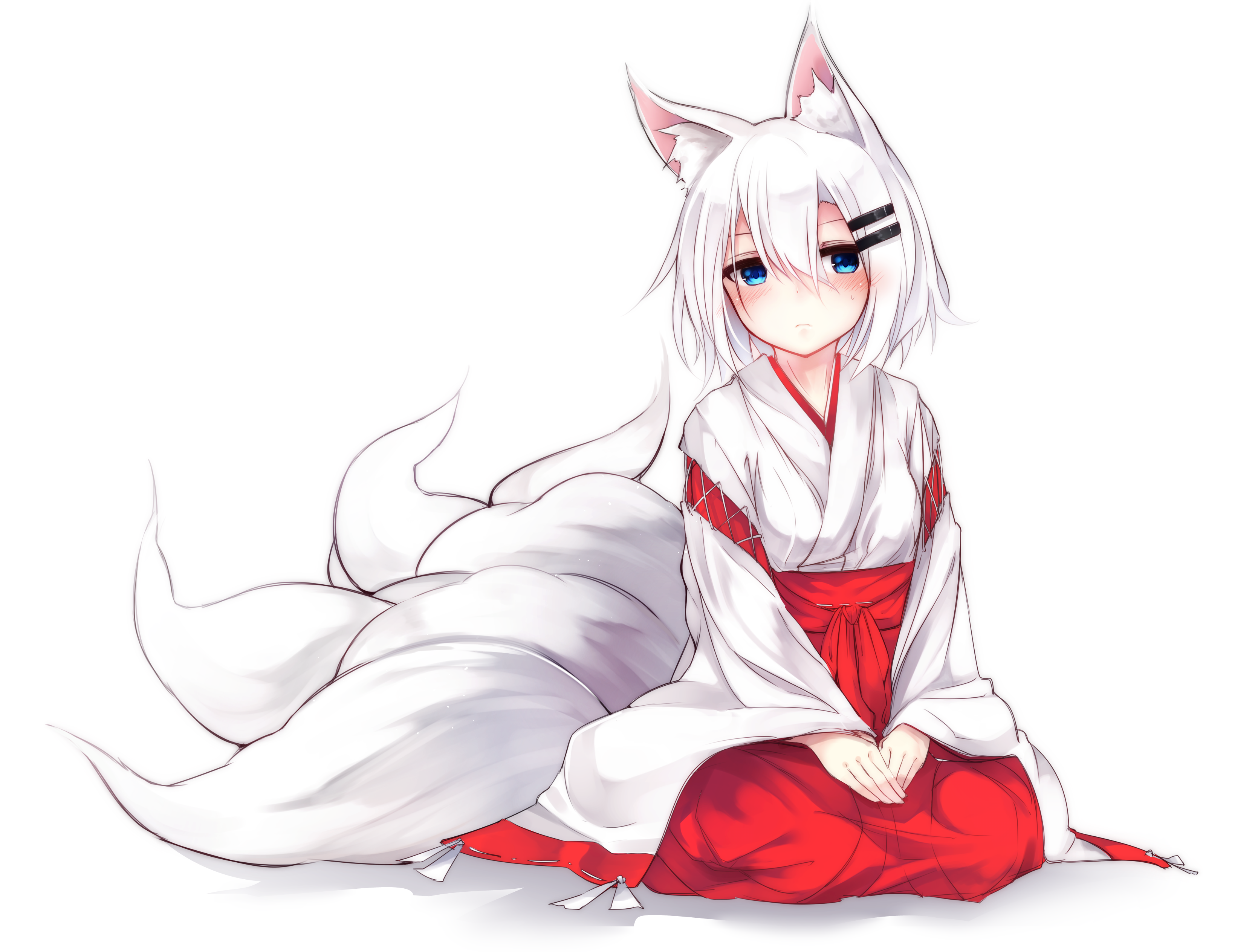 Anime 3331x2527 anime anime girls animal ears Japanese clothes short hair white hair white background simple background traditional clothing