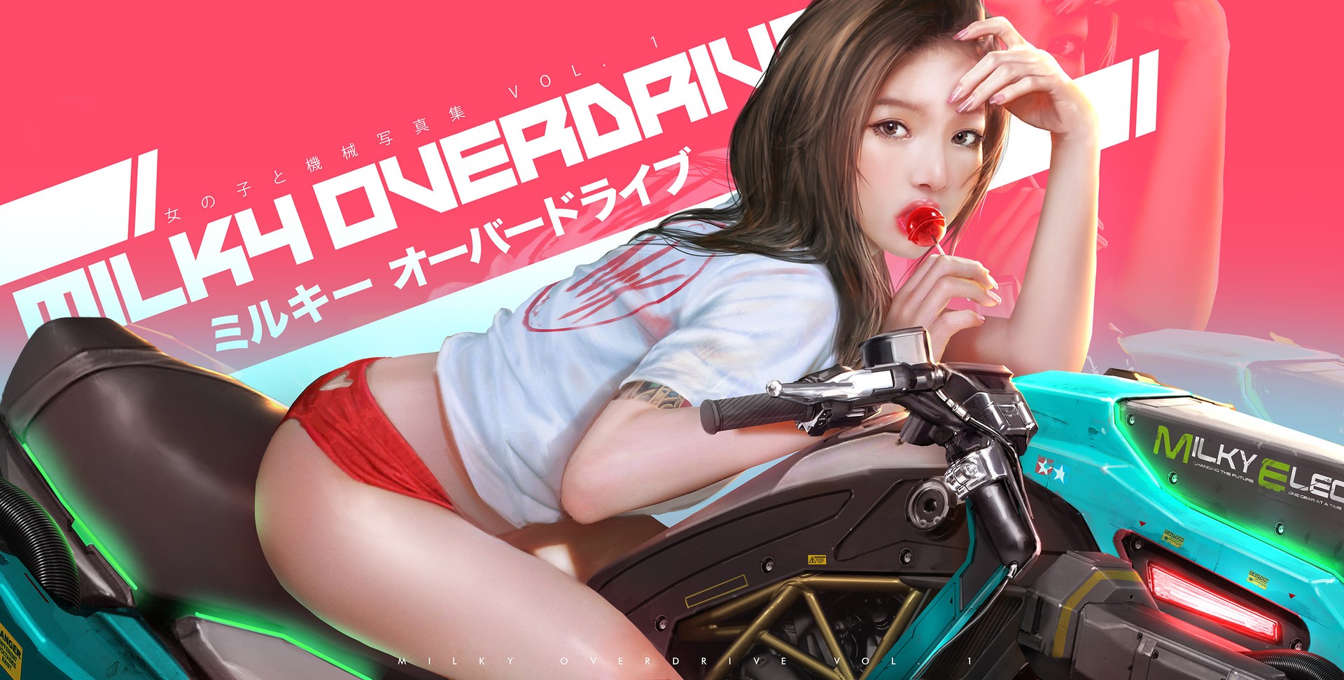General 1920x971 Asian tattoo women motorcycle artwork Johnson Ting thighs food sweets lollipop women with motorcycles brunette watermarked looking at viewer bent over inked girls T-shirt white t-shirt panties red panties