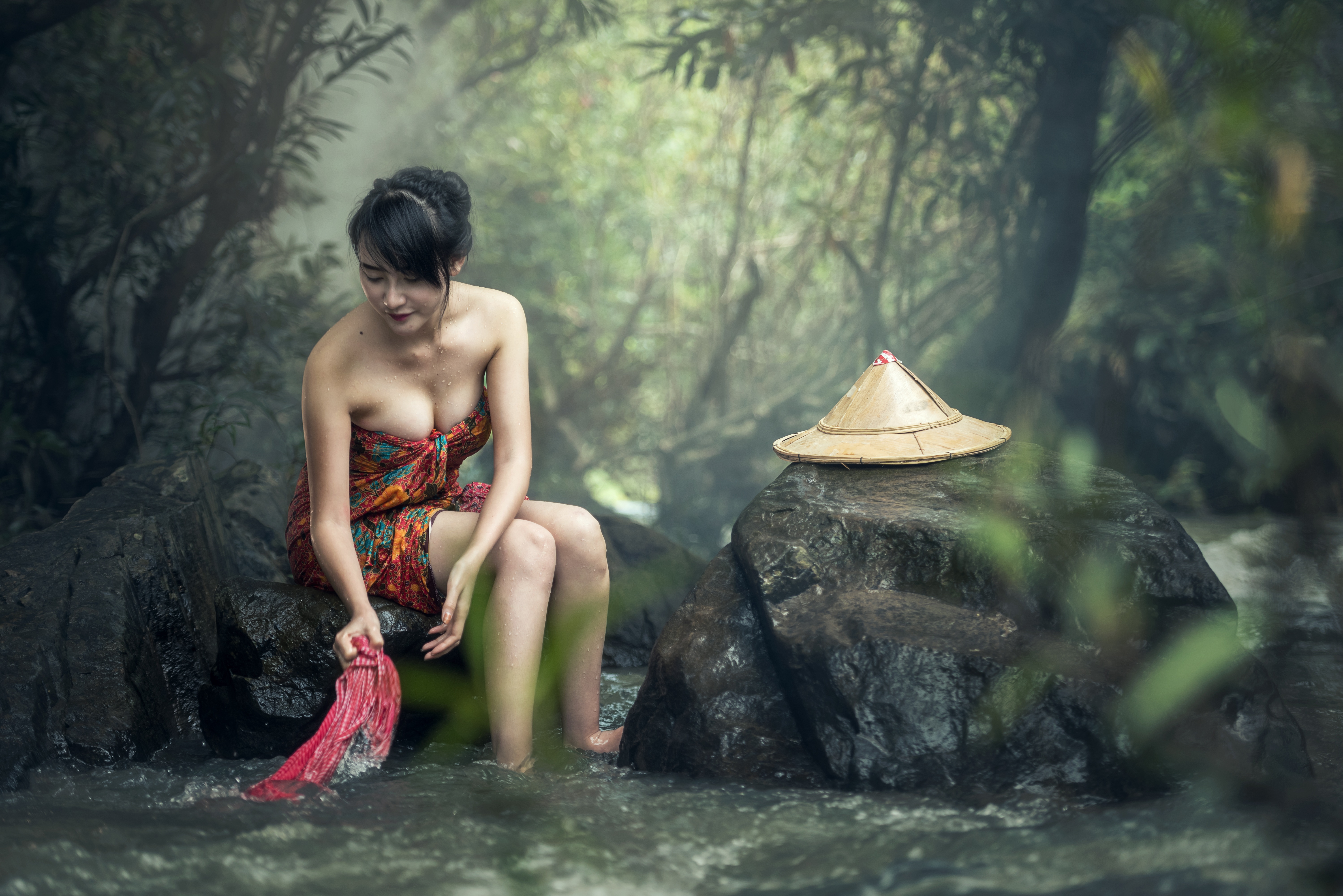 People 6000x4004 Asian women model cleavage women outdoors hat wet body bare shoulders water sitting nature rocks trees wet